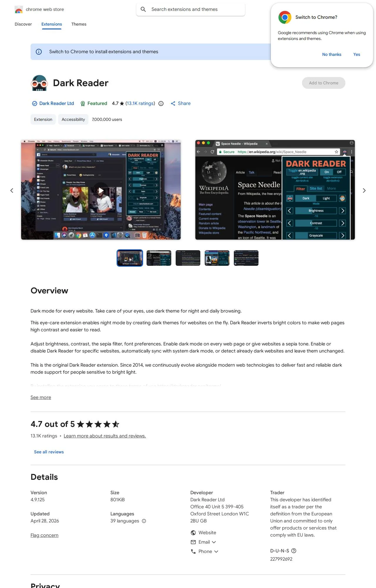 Dark Reader listing on the Chrome Web Store