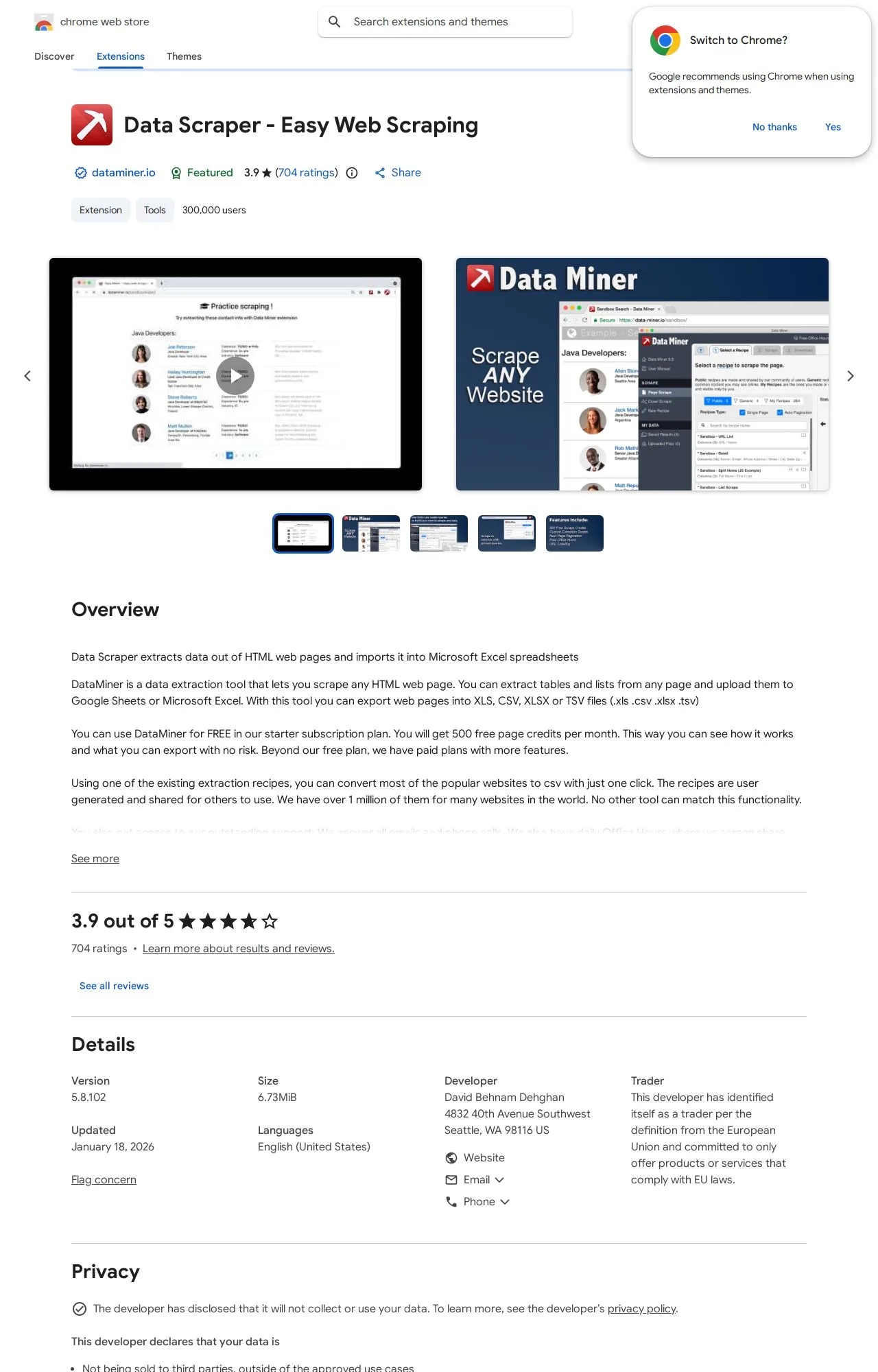 Data Scraper - Easy Web Scraping listing on the Chrome Web Store