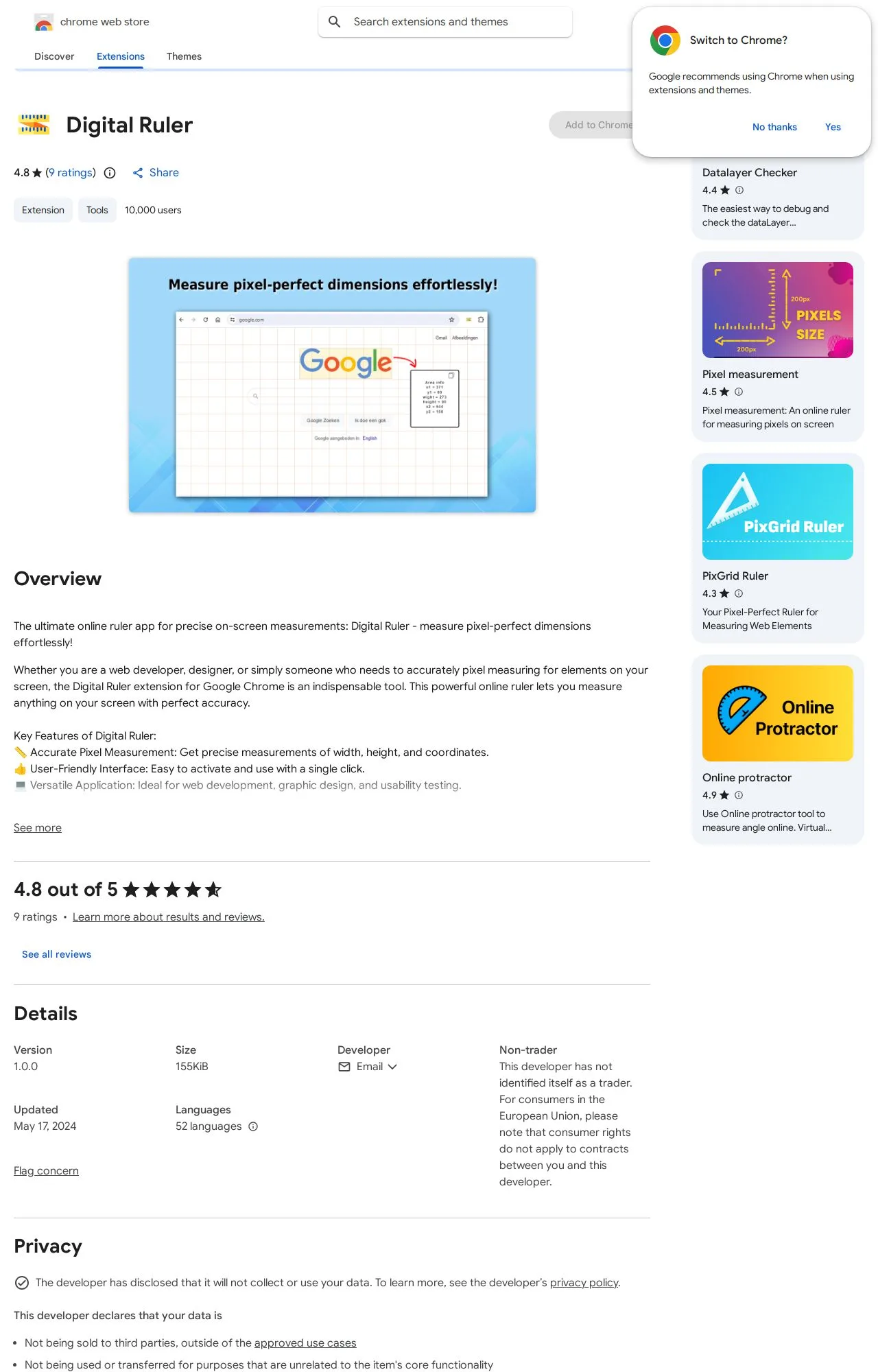 Digital Ruler listing on the Chrome Web Store