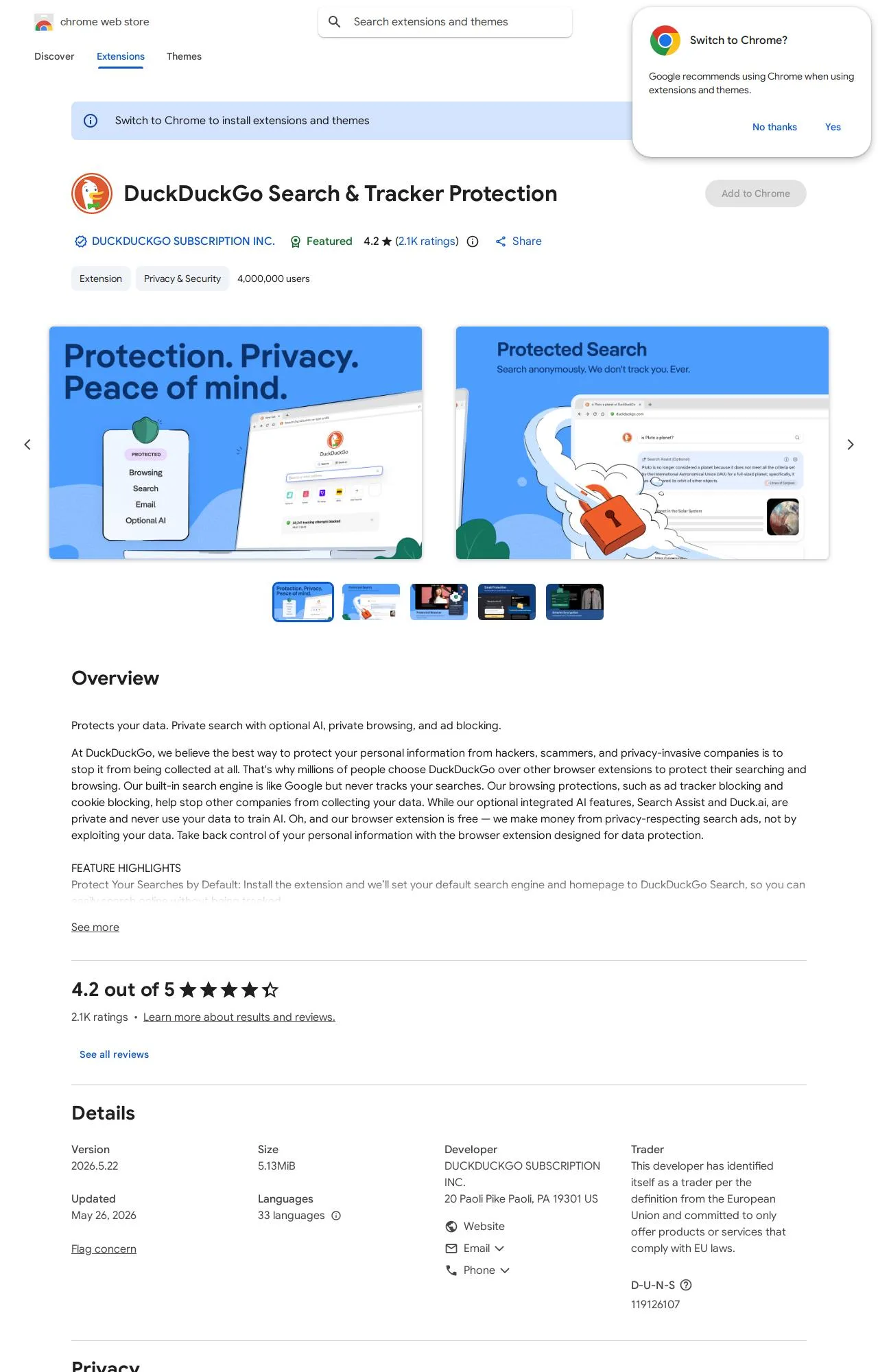 DuckDuckGo Search & Tracker Protection listing on the Chrome Web Store