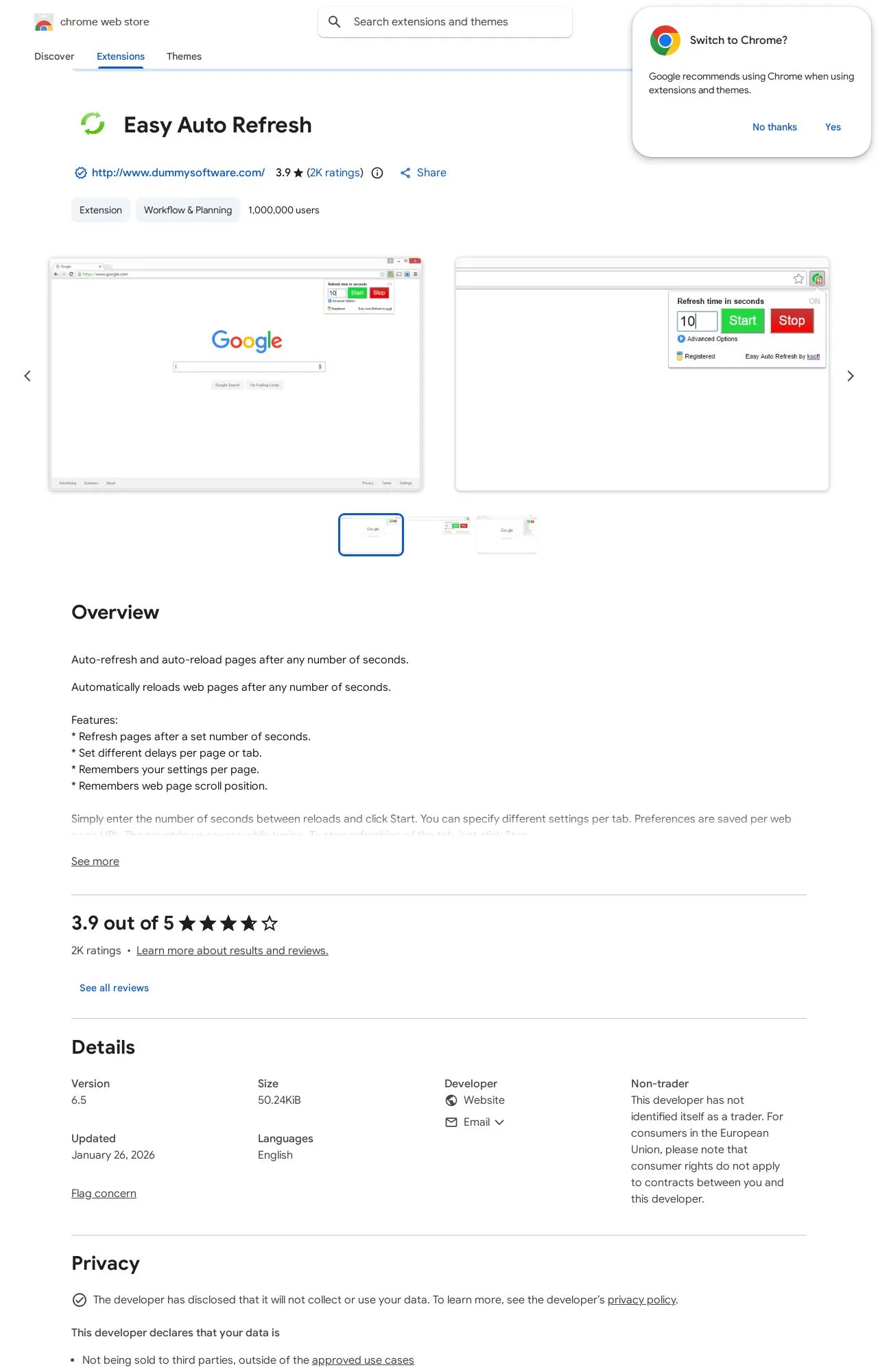 Easy Auto Refresh listing on the Chrome Web Store