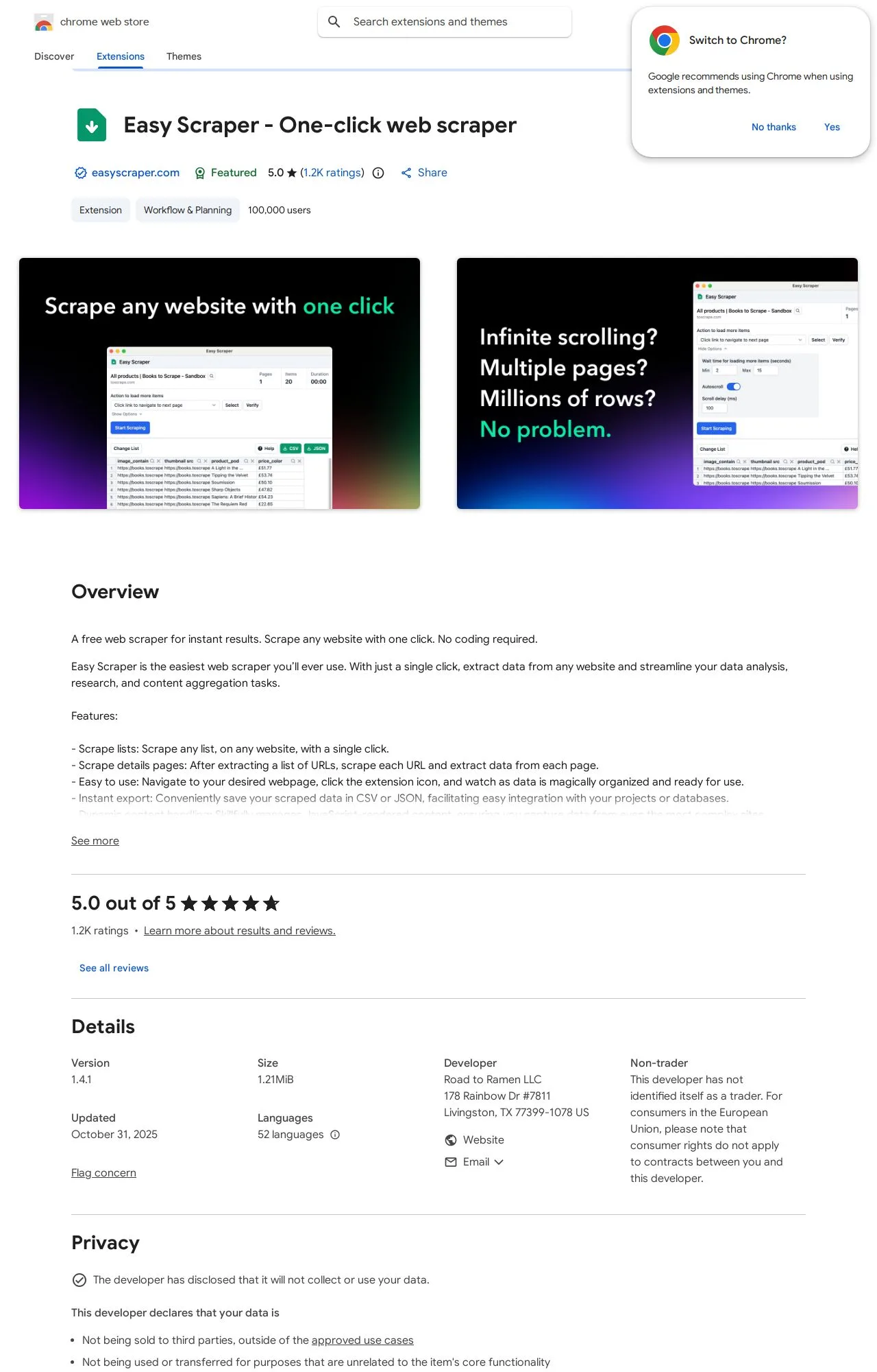 Easy Scraper - One-click web scraper listing on the Chrome Web Store