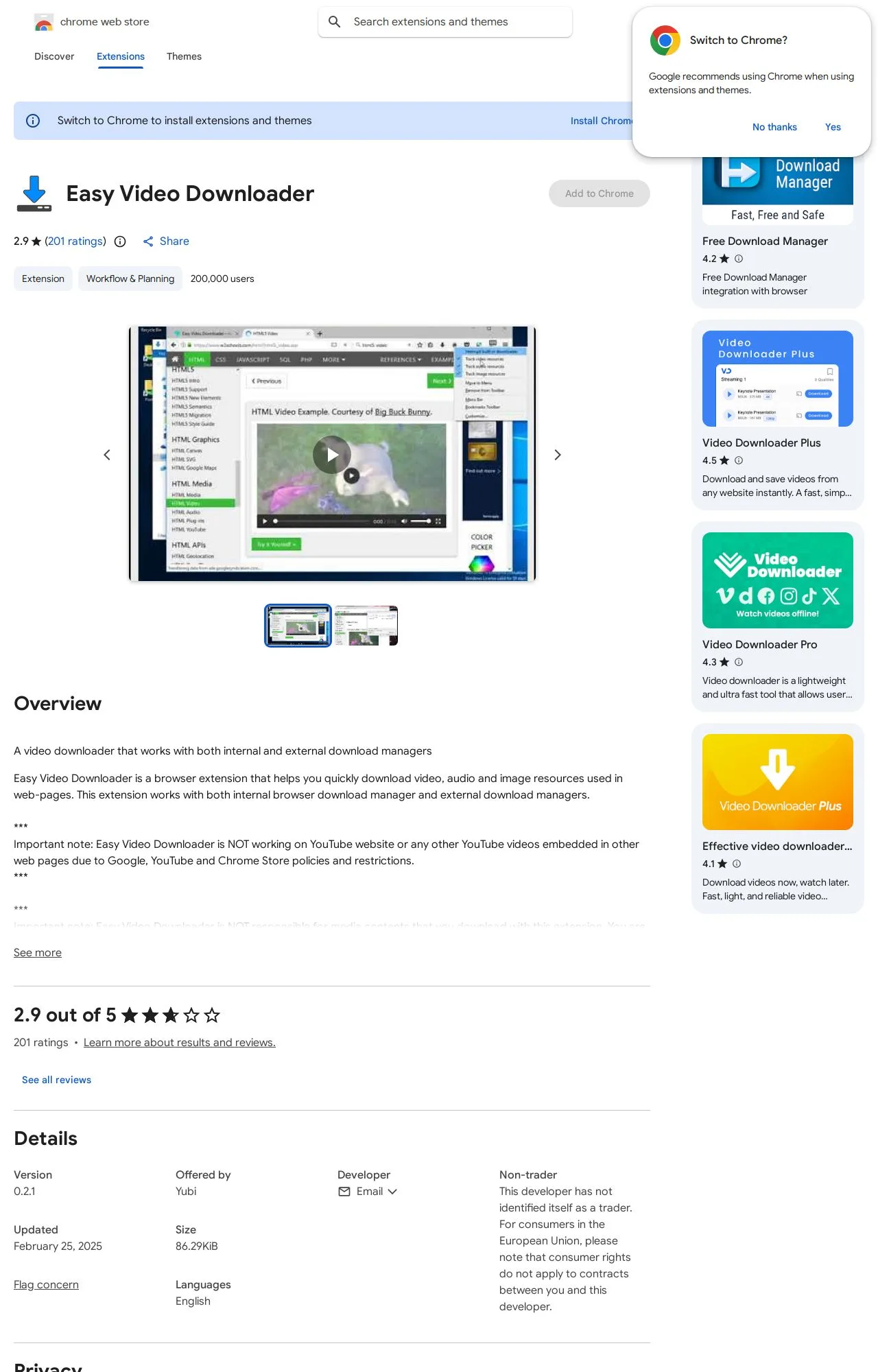 Easy Video Downloader listing on the Chrome Web Store