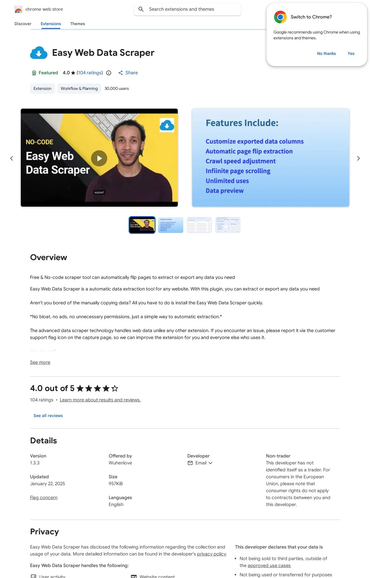 Easy Web Data Scraper listing on the Chrome Web Store