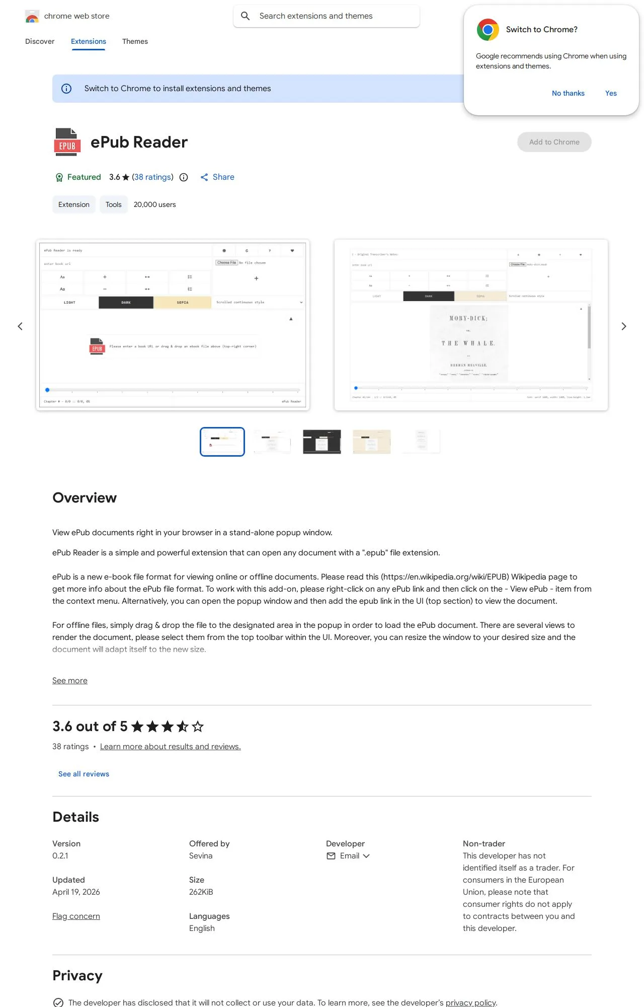 ePub Reader listing on the Chrome Web Store