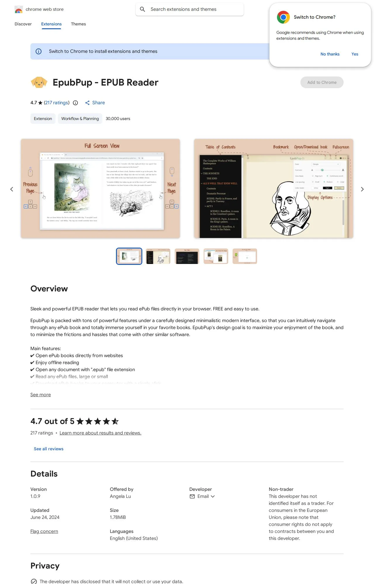 EpubPup - EPUB Reader listing on the Chrome Web Store