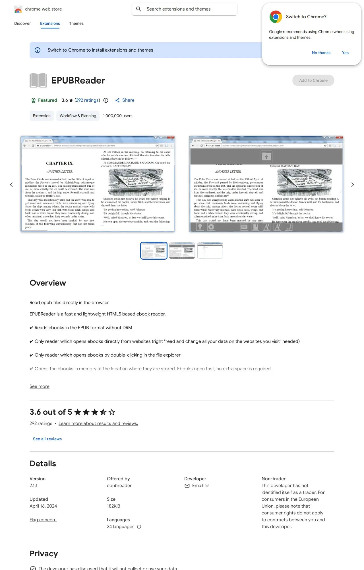 EPUBReader listing on the Chrome Web Store