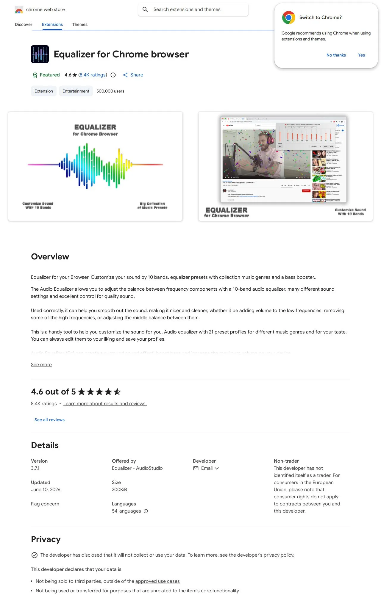 Equalizer for Chrome browser listing on the Chrome Web Store