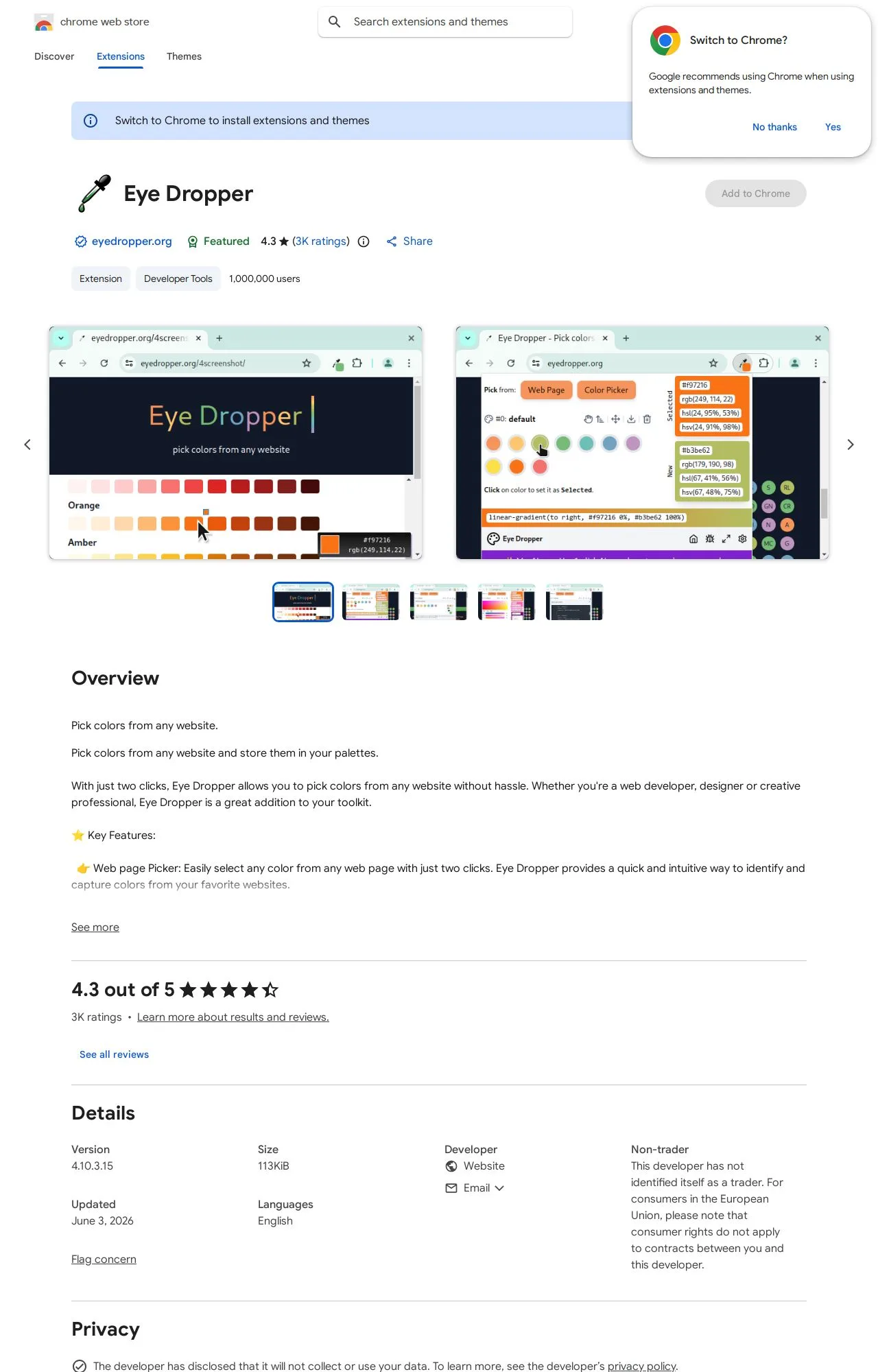 Eye Dropper listing on the Chrome Web Store