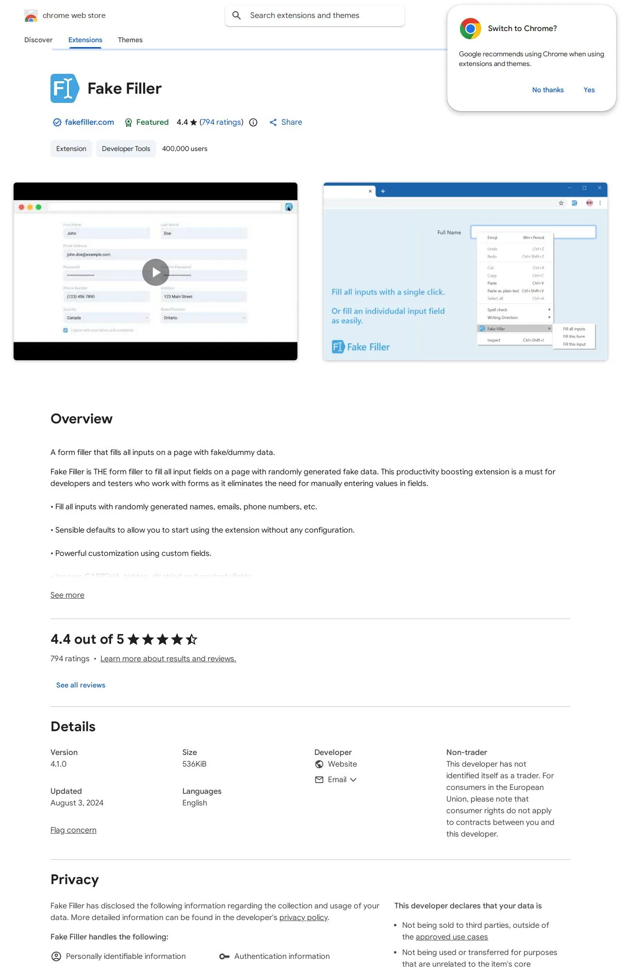 Fake Filler listing on the Chrome Web Store