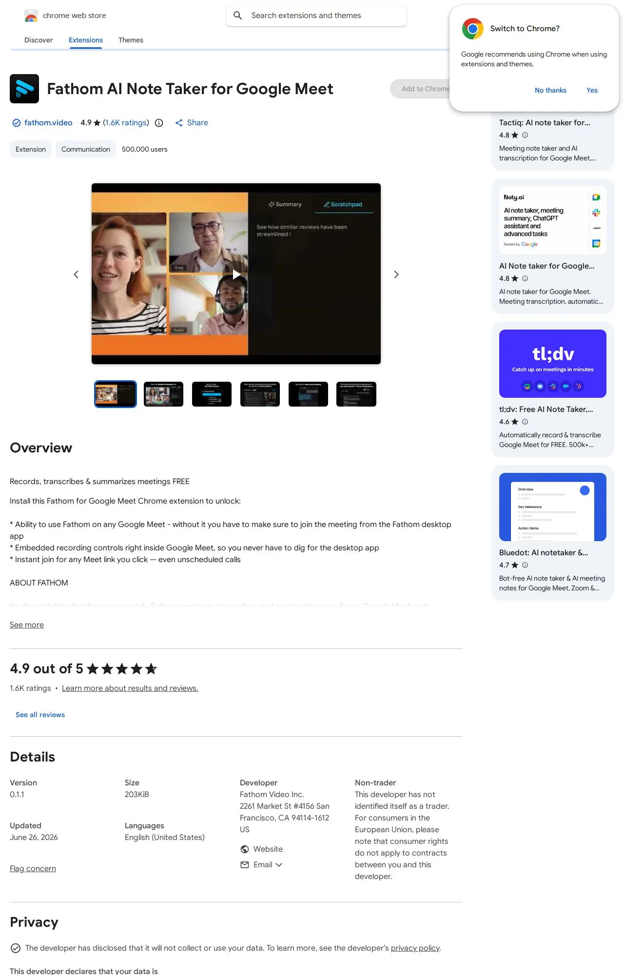Fathom AI Note Taker for Google Meet listing on the Chrome Web Store