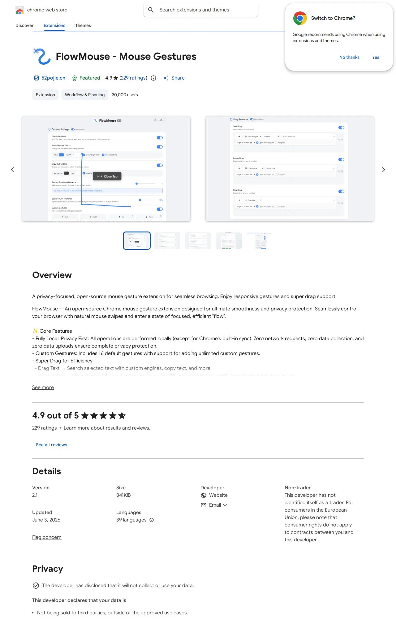 FlowMouse - Mouse Gestures listing on the Chrome Web Store