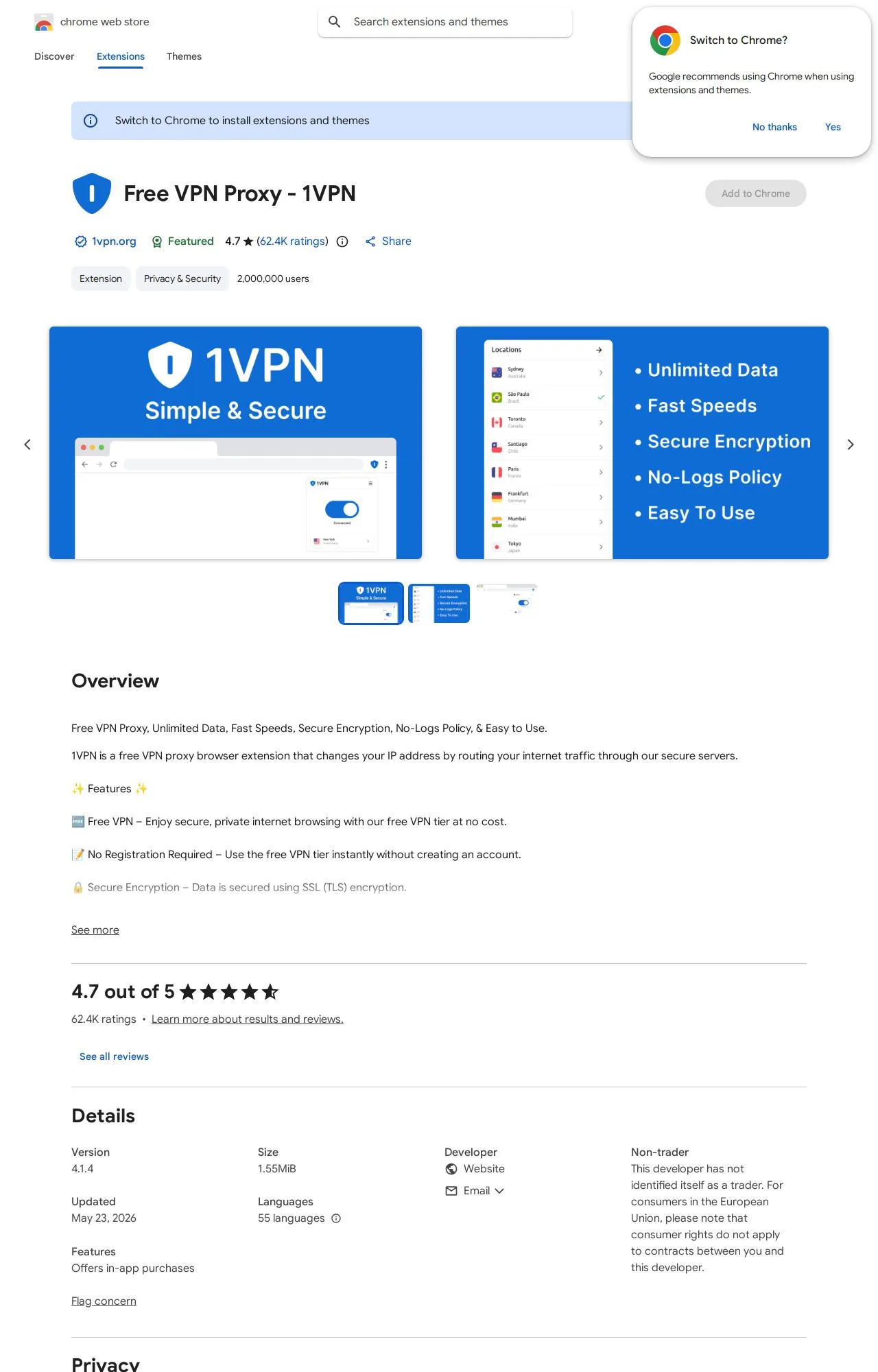 Free VPN Proxy - 1VPN listing on the Chrome Web Store