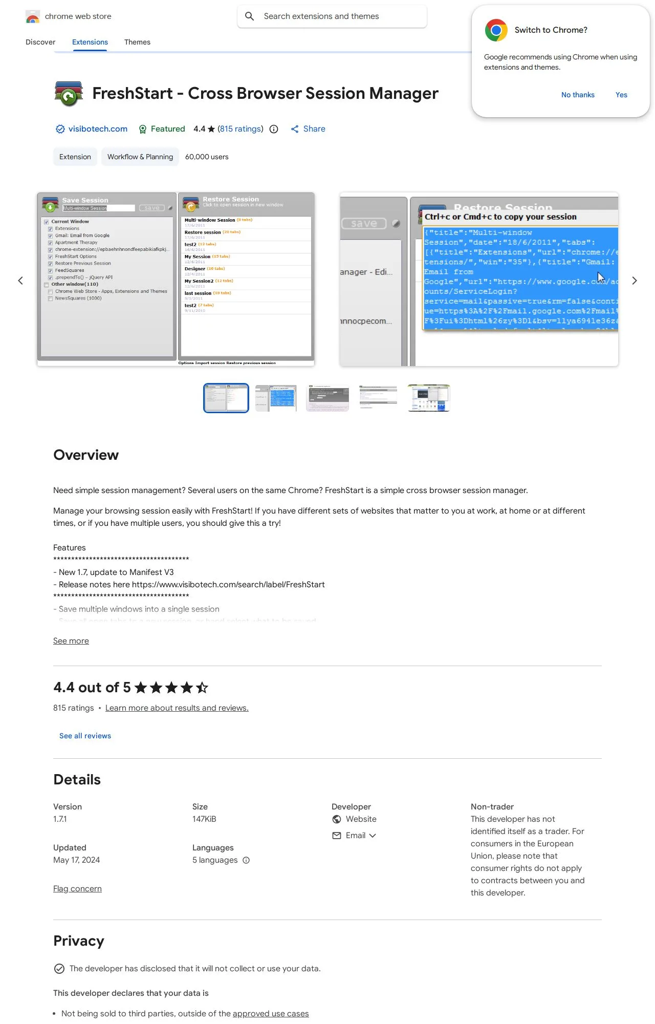 FreshStart - Cross Browser Session Manager listing on the Chrome Web Store