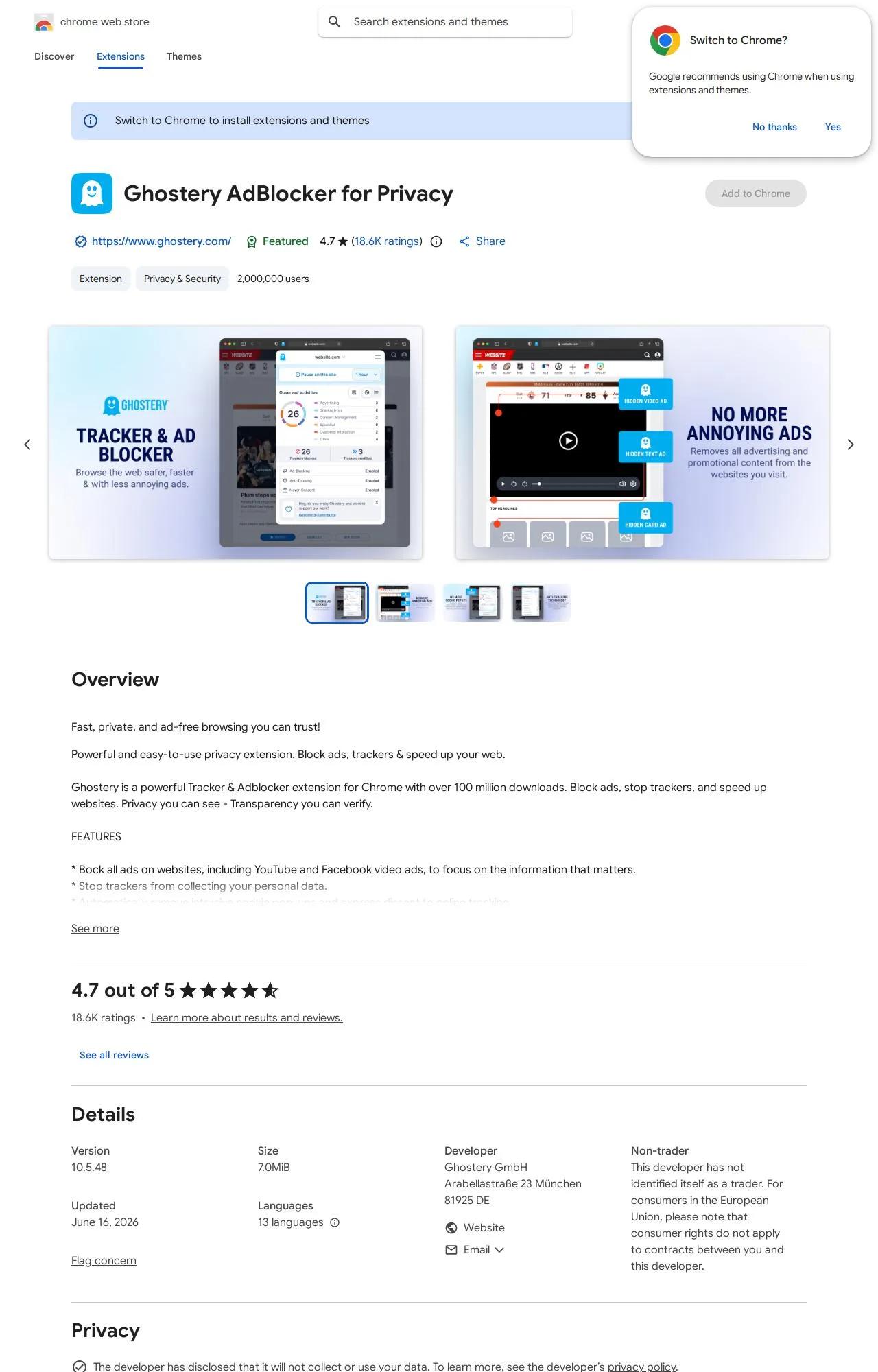Ghostery AdBlocker for Privacy listing on the Chrome Web Store