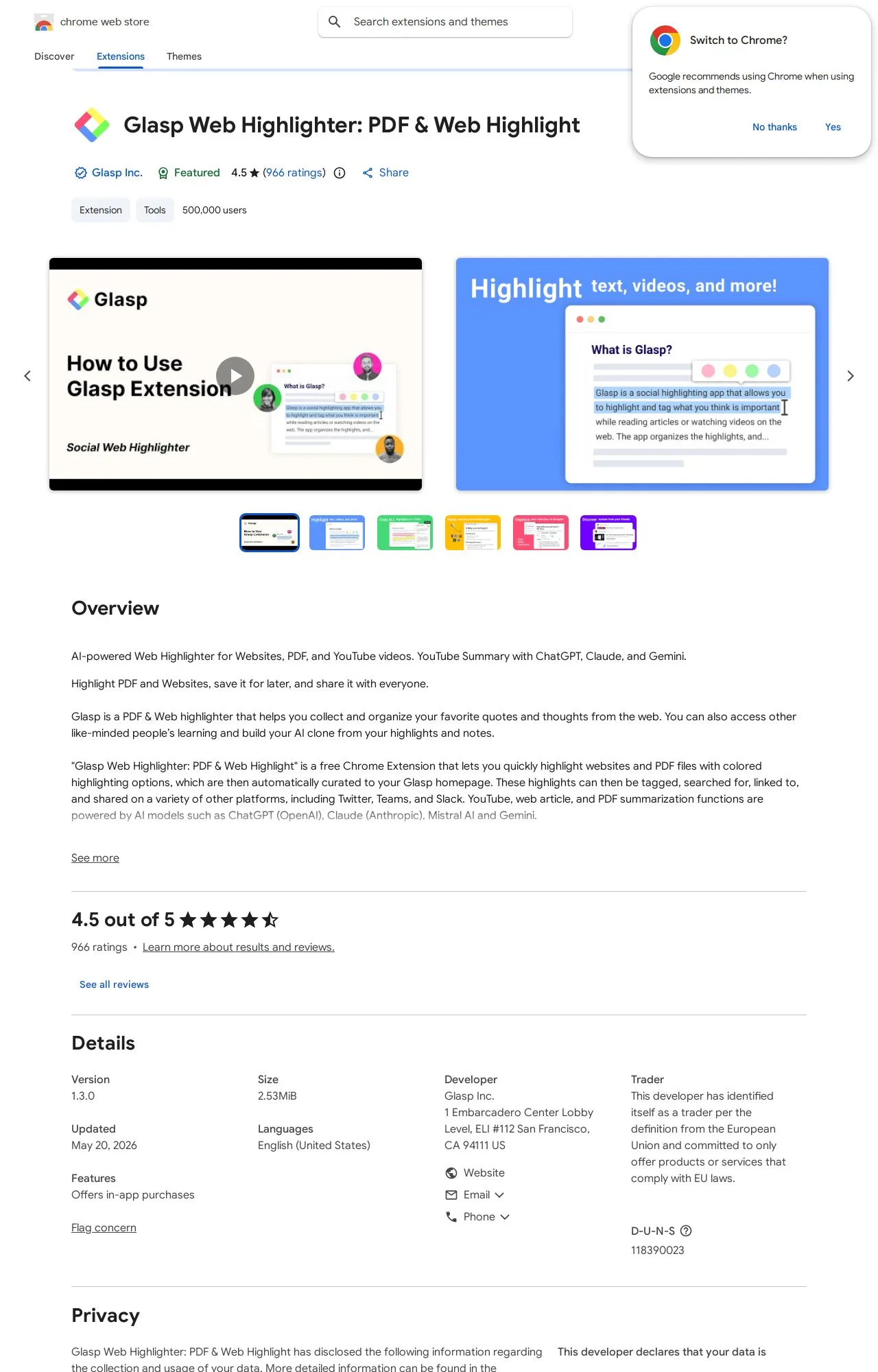 Glasp Web Highlighter: PDF & Web Highlight listing on the Chrome Web Store