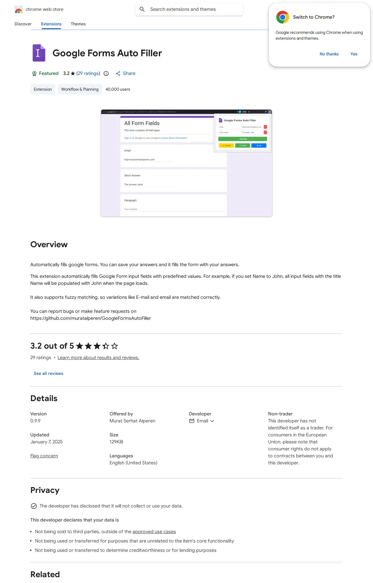 Google Forms Auto Filler listing on the Chrome Web Store