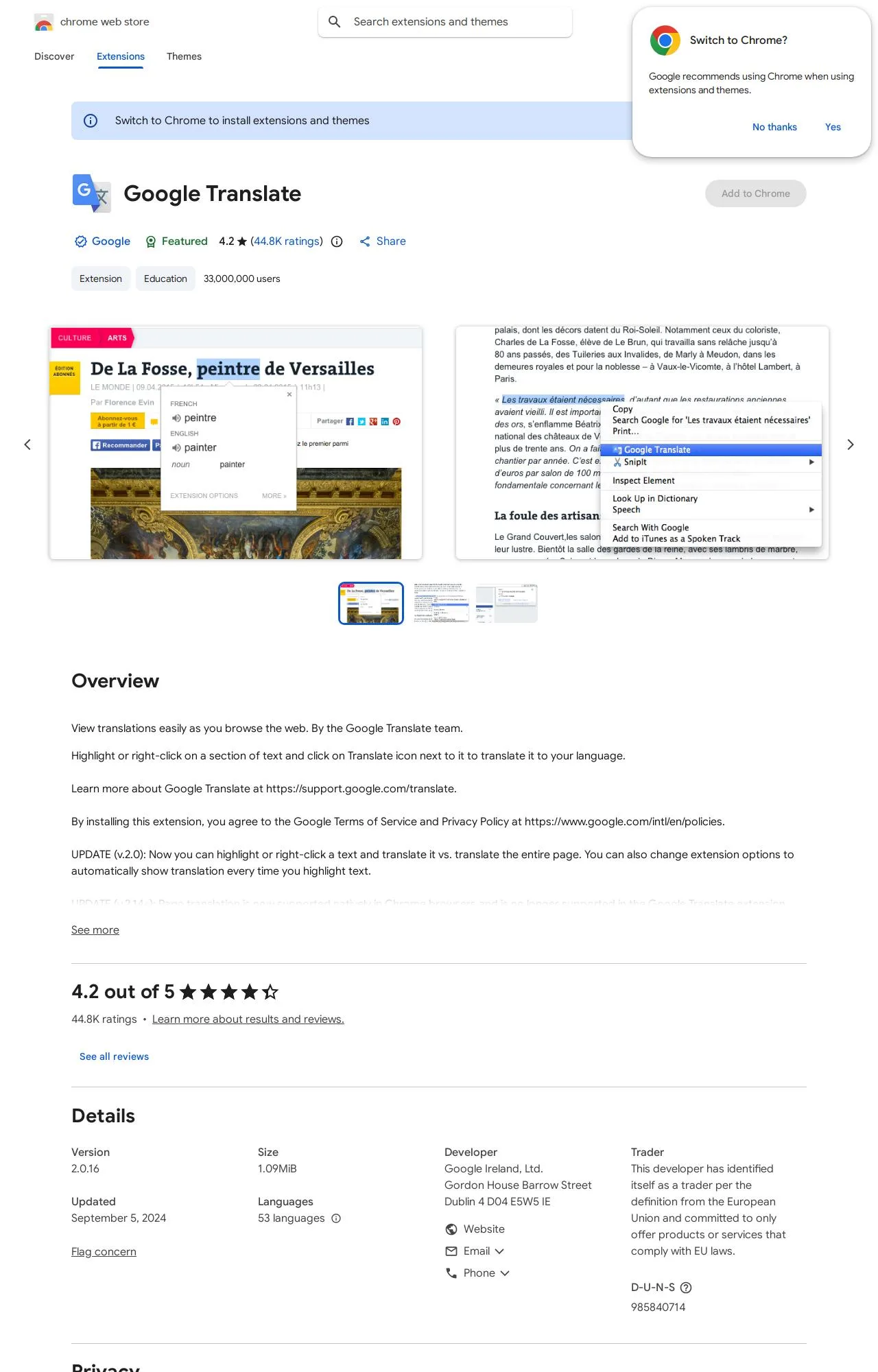 Google Translate listing on the Chrome Web Store