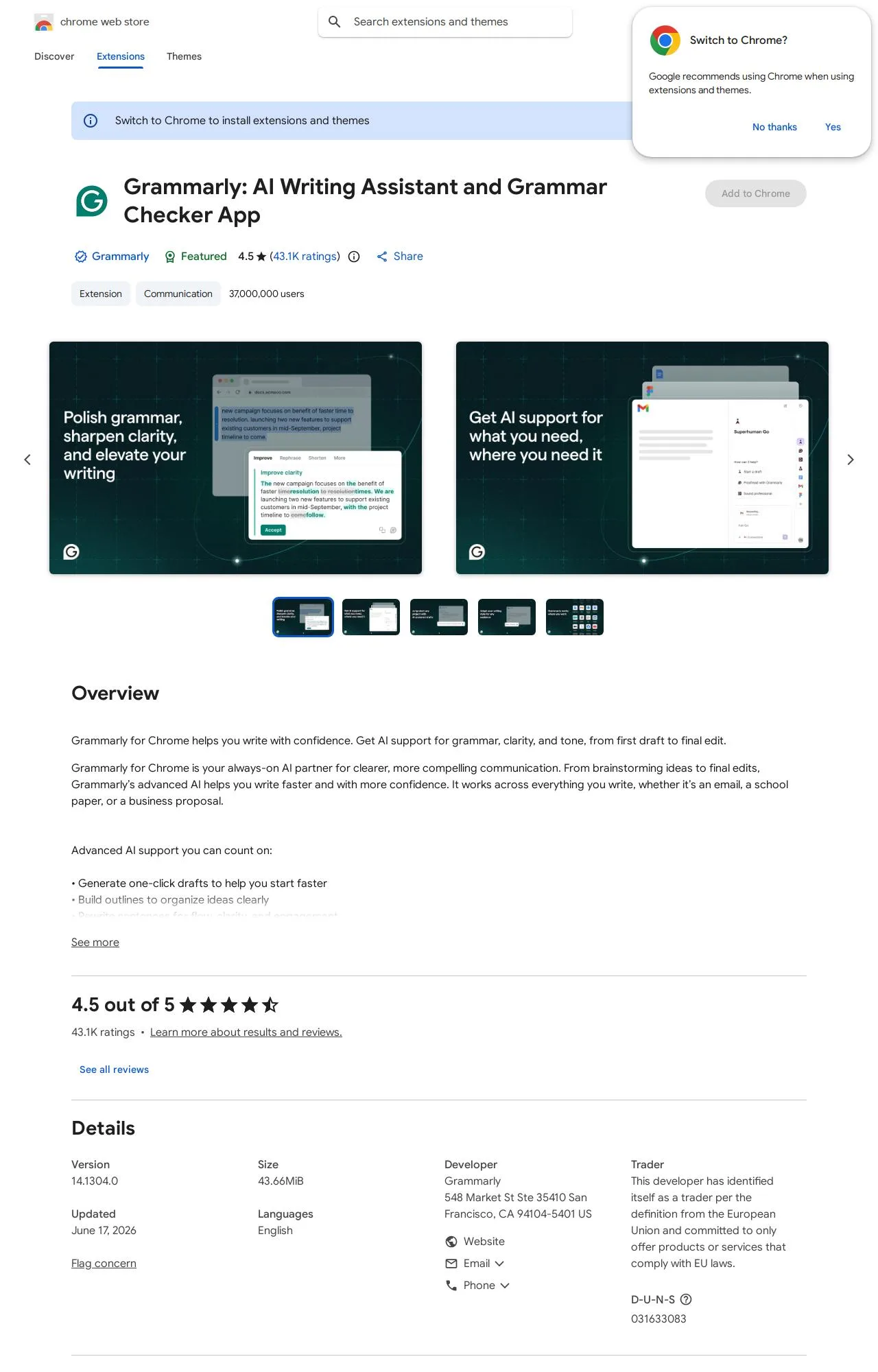 Grammarly: AI Writing Assistant and Grammar Checker App listing on the Chrome Web Store