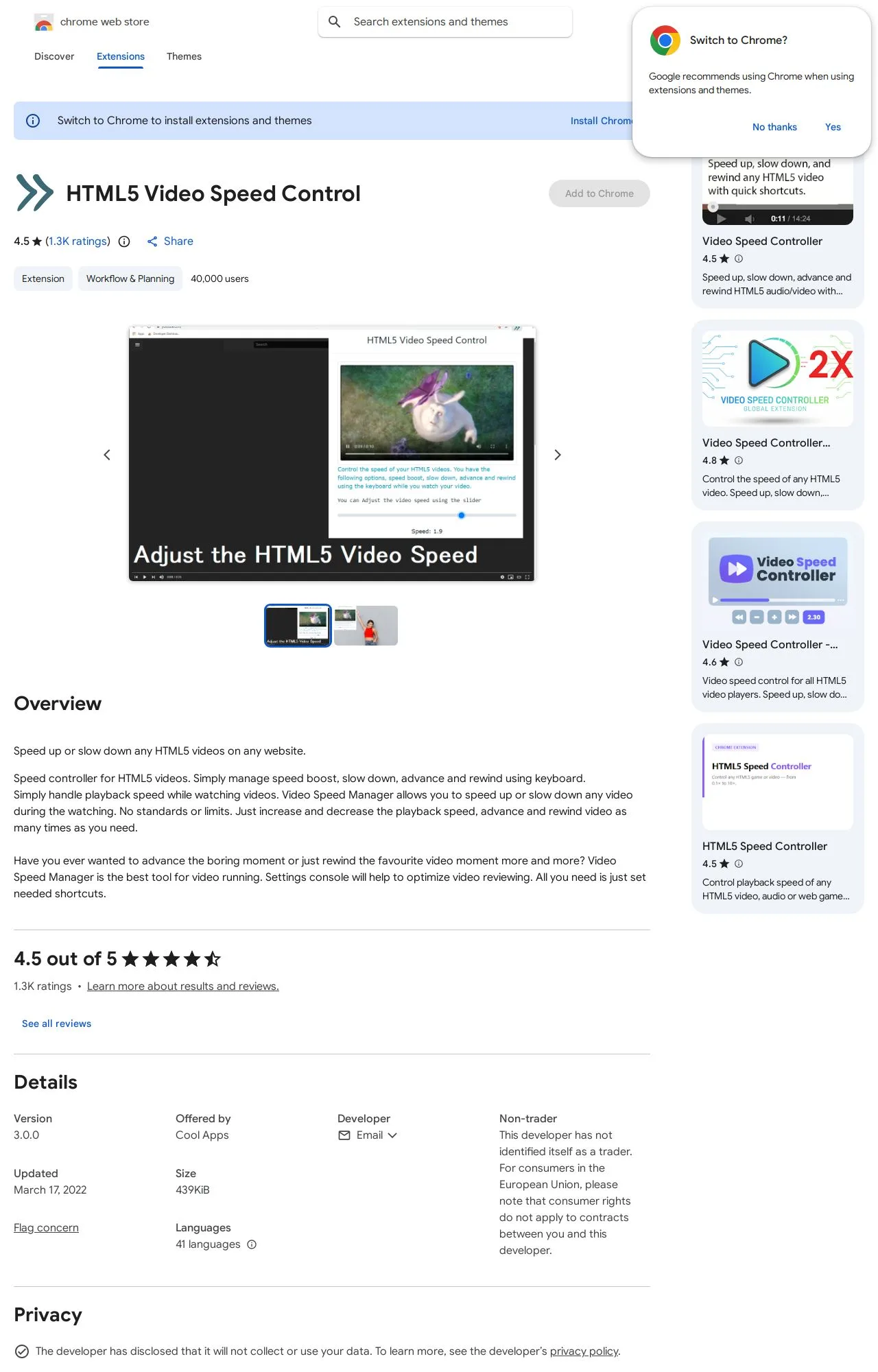 HTML5 Video Speed Control listing on the Chrome Web Store