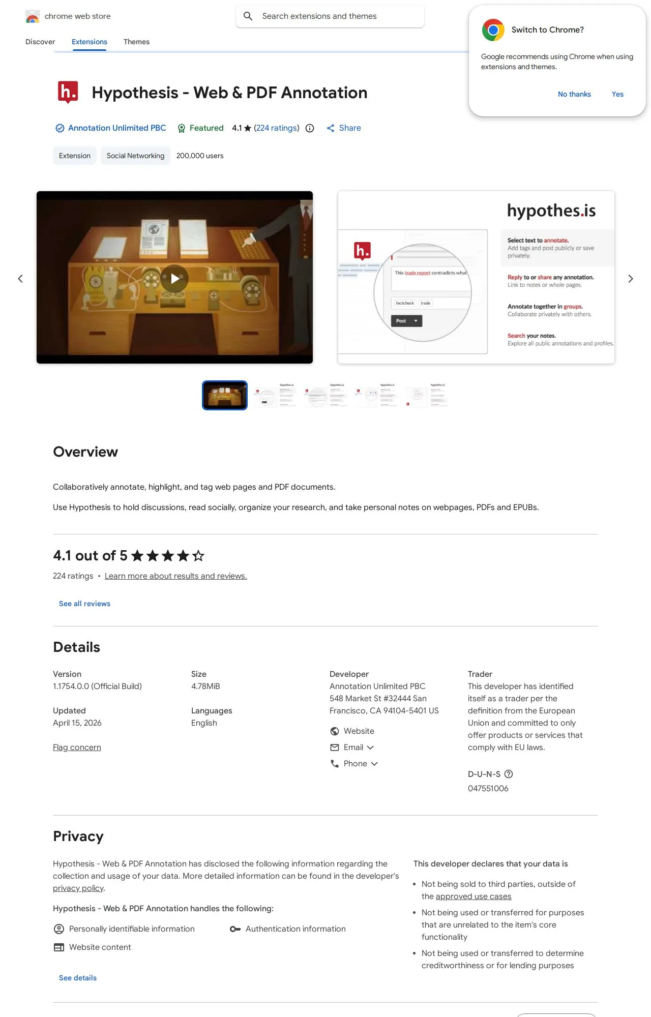 Hypothesis - Web & PDF Annotation listing on the Chrome Web Store