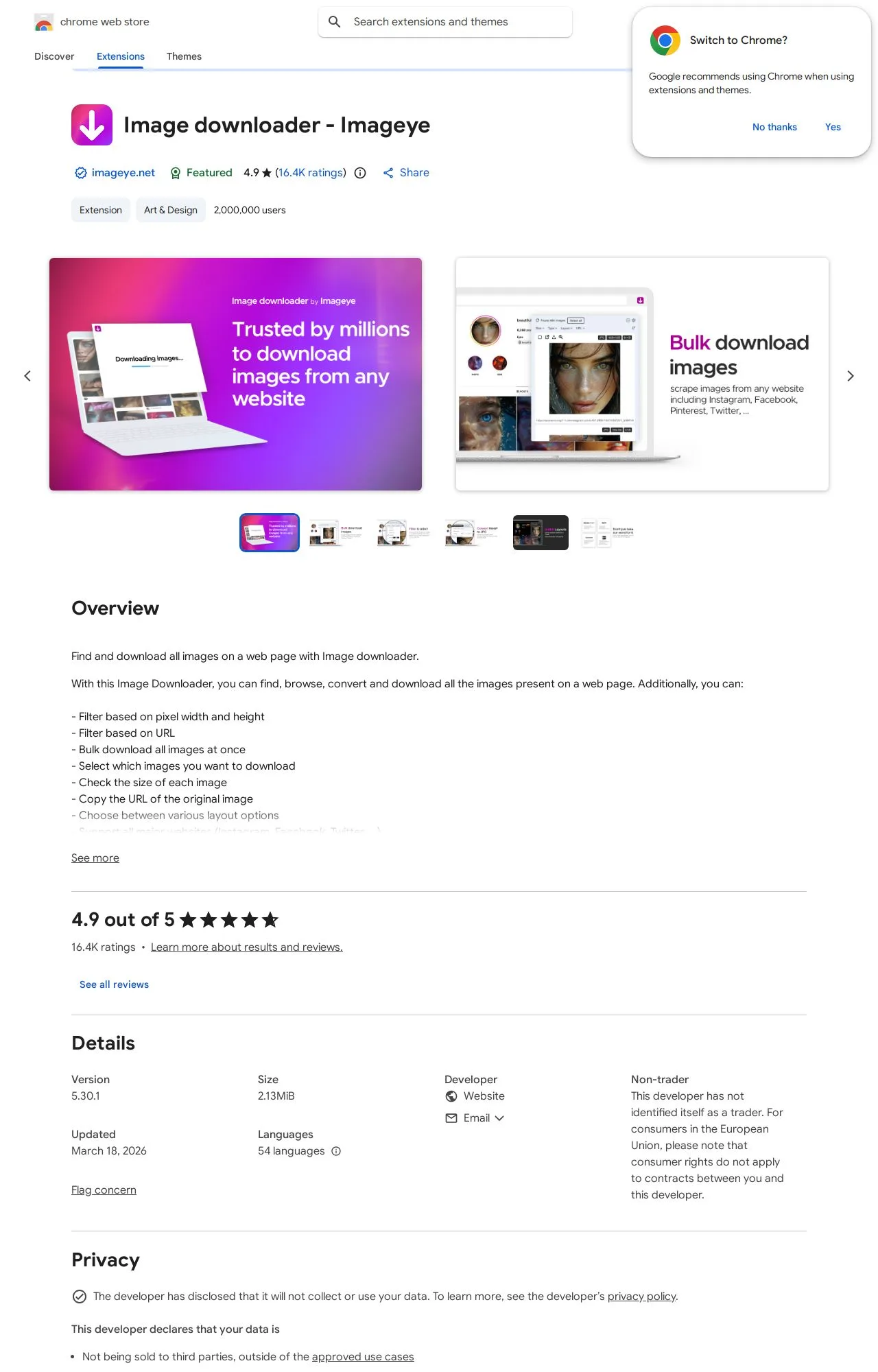 Image downloader - Imageye listing on the Chrome Web Store