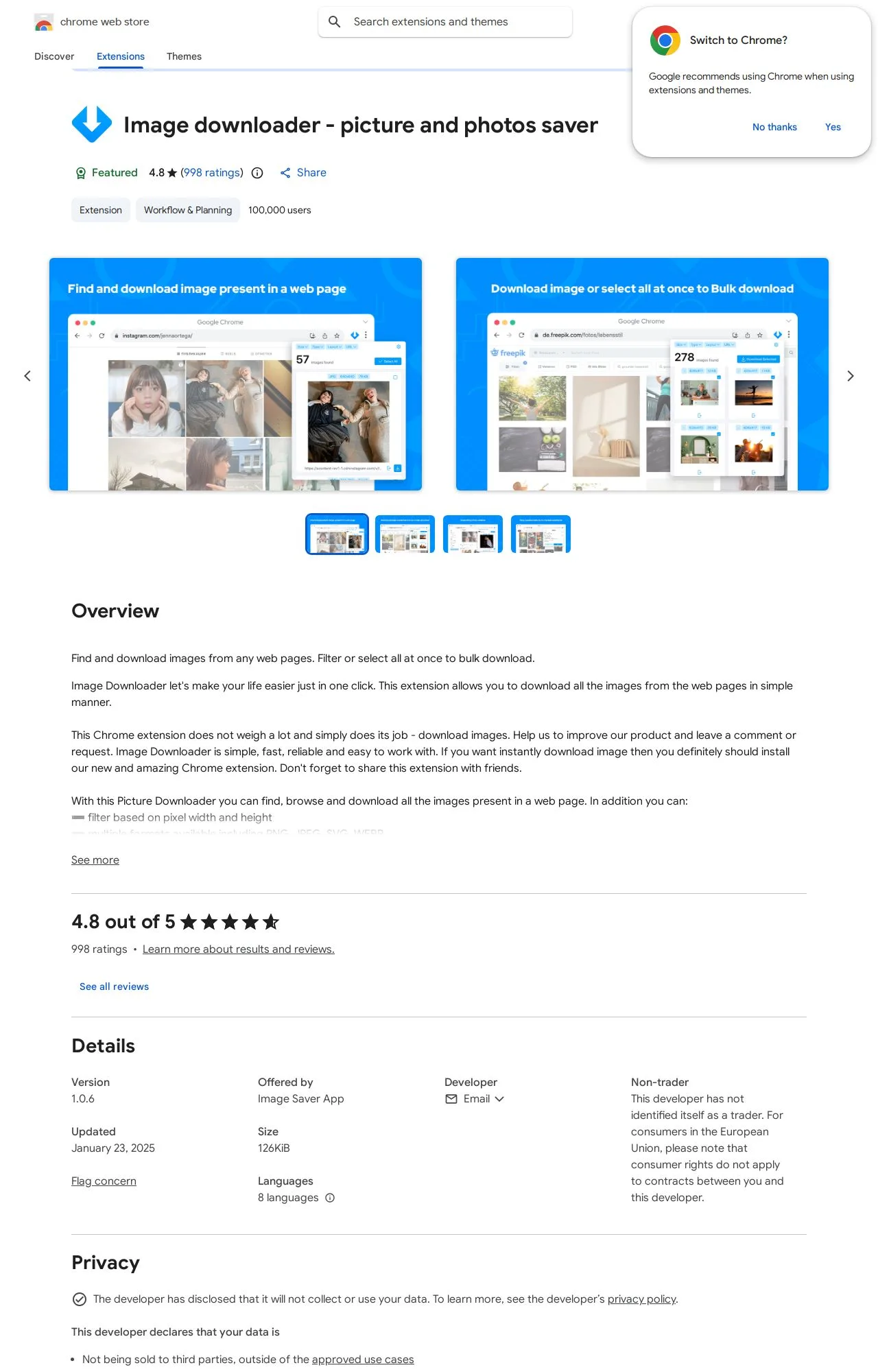 Image downloader - picture and photos saver listing on the Chrome Web Store