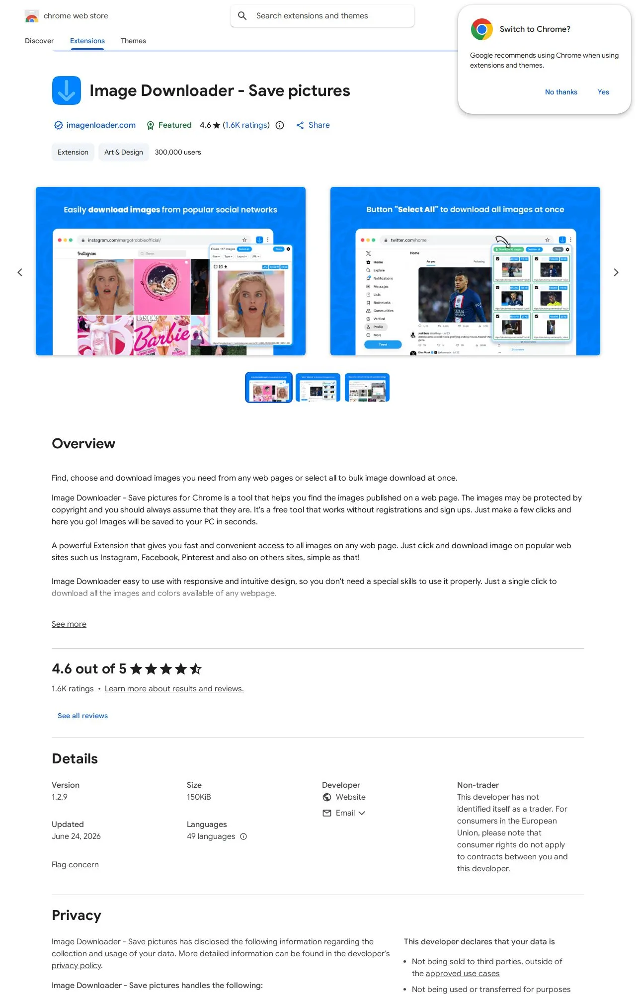 Image Downloader - Save pictures listing on the Chrome Web Store