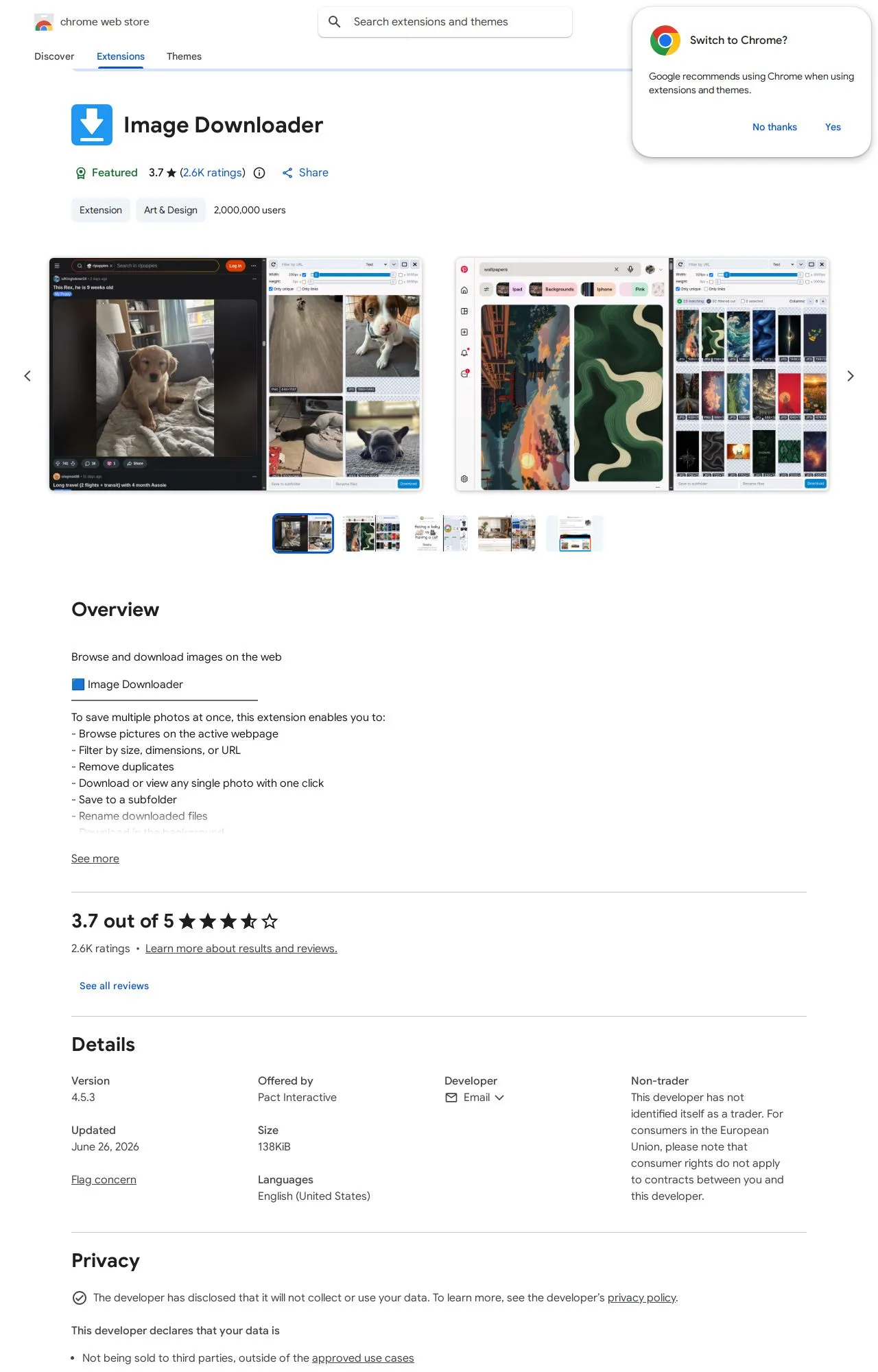 Image Downloader listing on the Chrome Web Store
