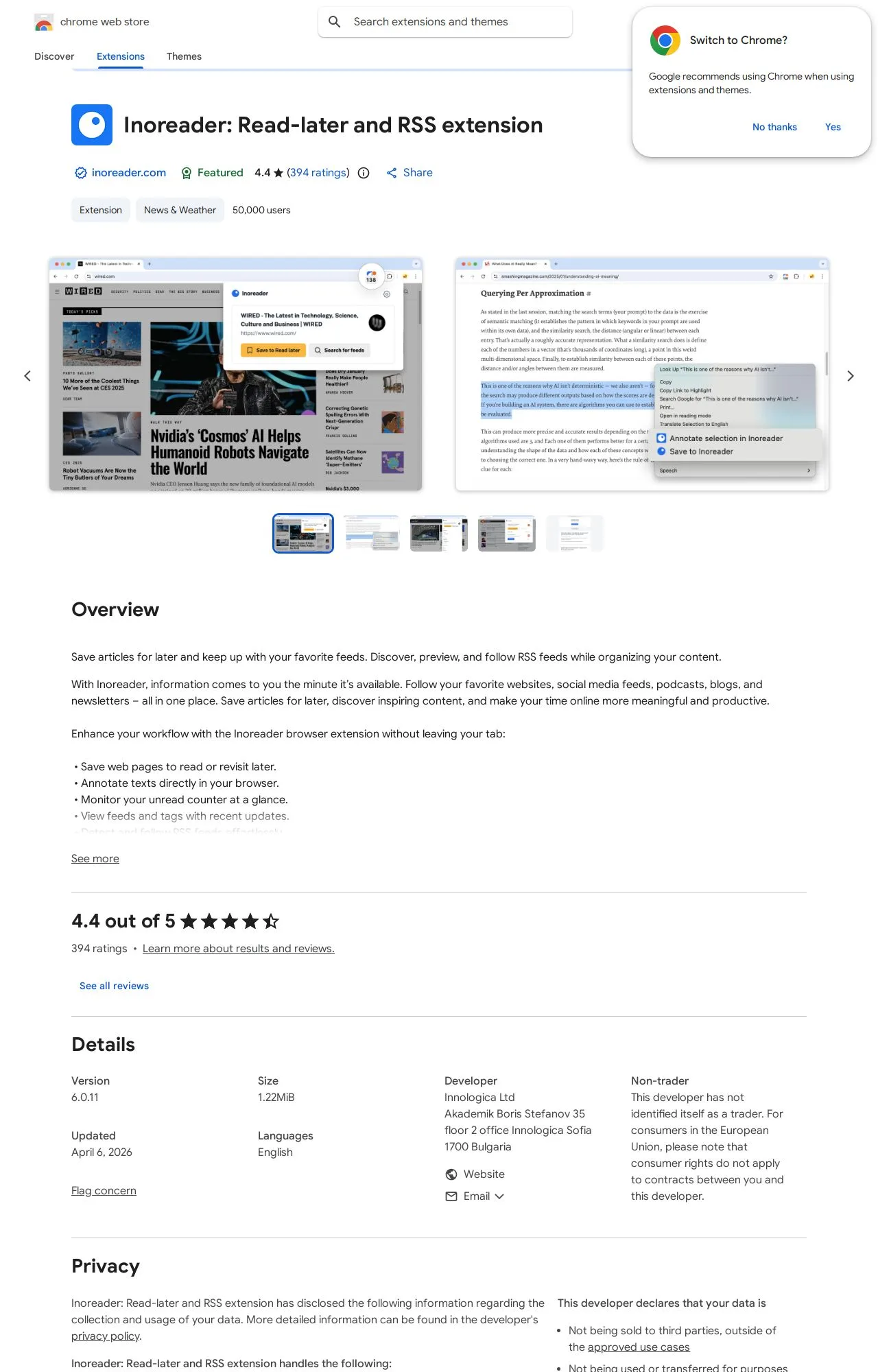 Inoreader: Read-later and RSS extension listing on the Chrome Web Store