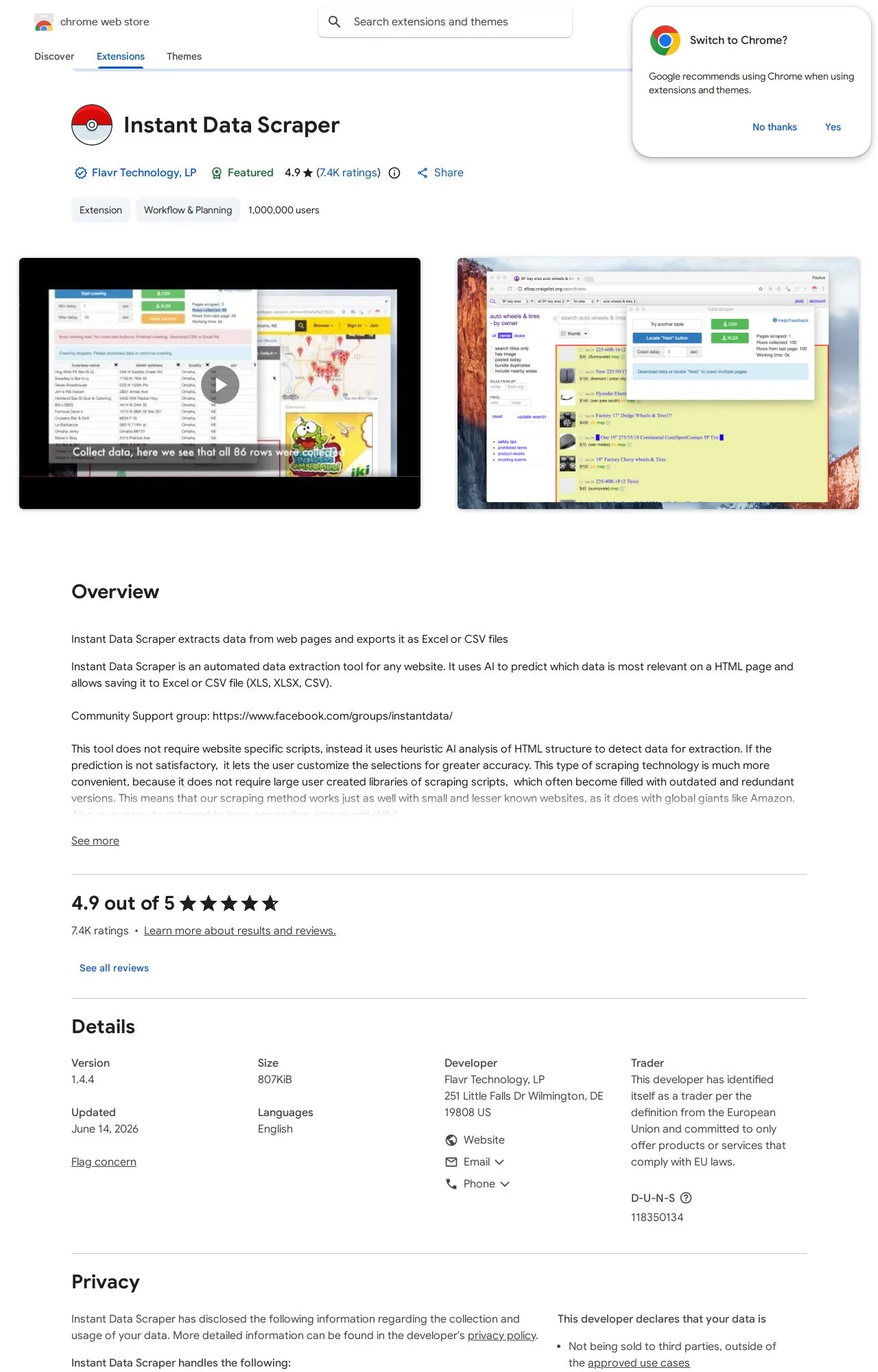 Instant Data Scraper listing on the Chrome Web Store