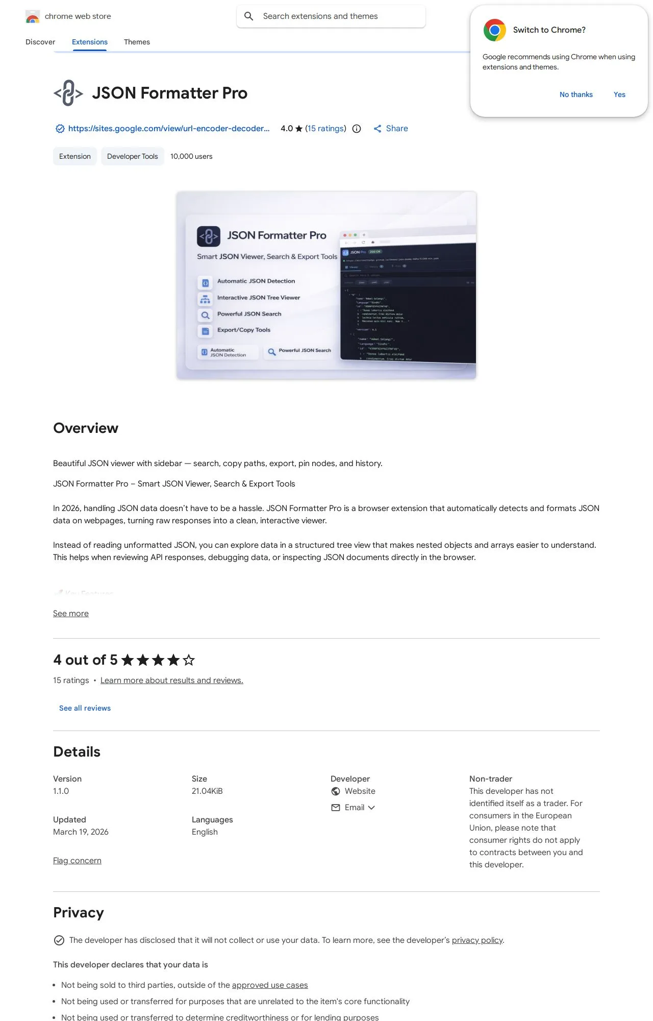 JSON Formatter Pro listing on the Chrome Web Store