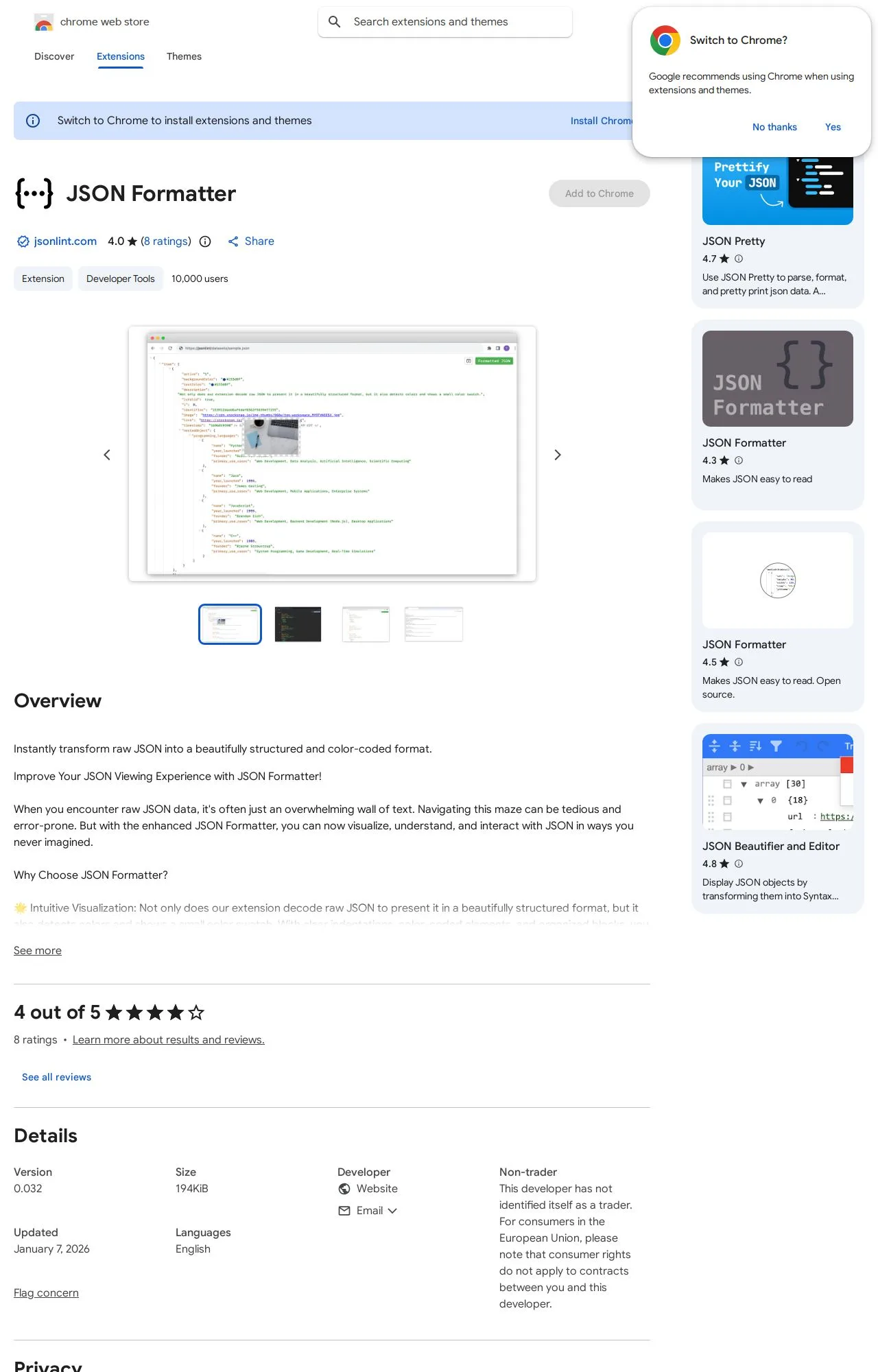 JSON Formatter listing on the Chrome Web Store