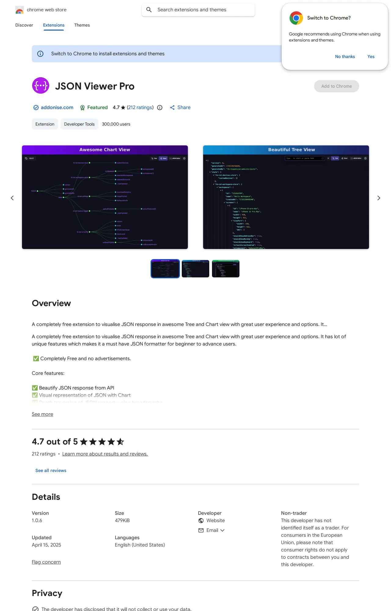JSON Viewer Pro listing on the Chrome Web Store