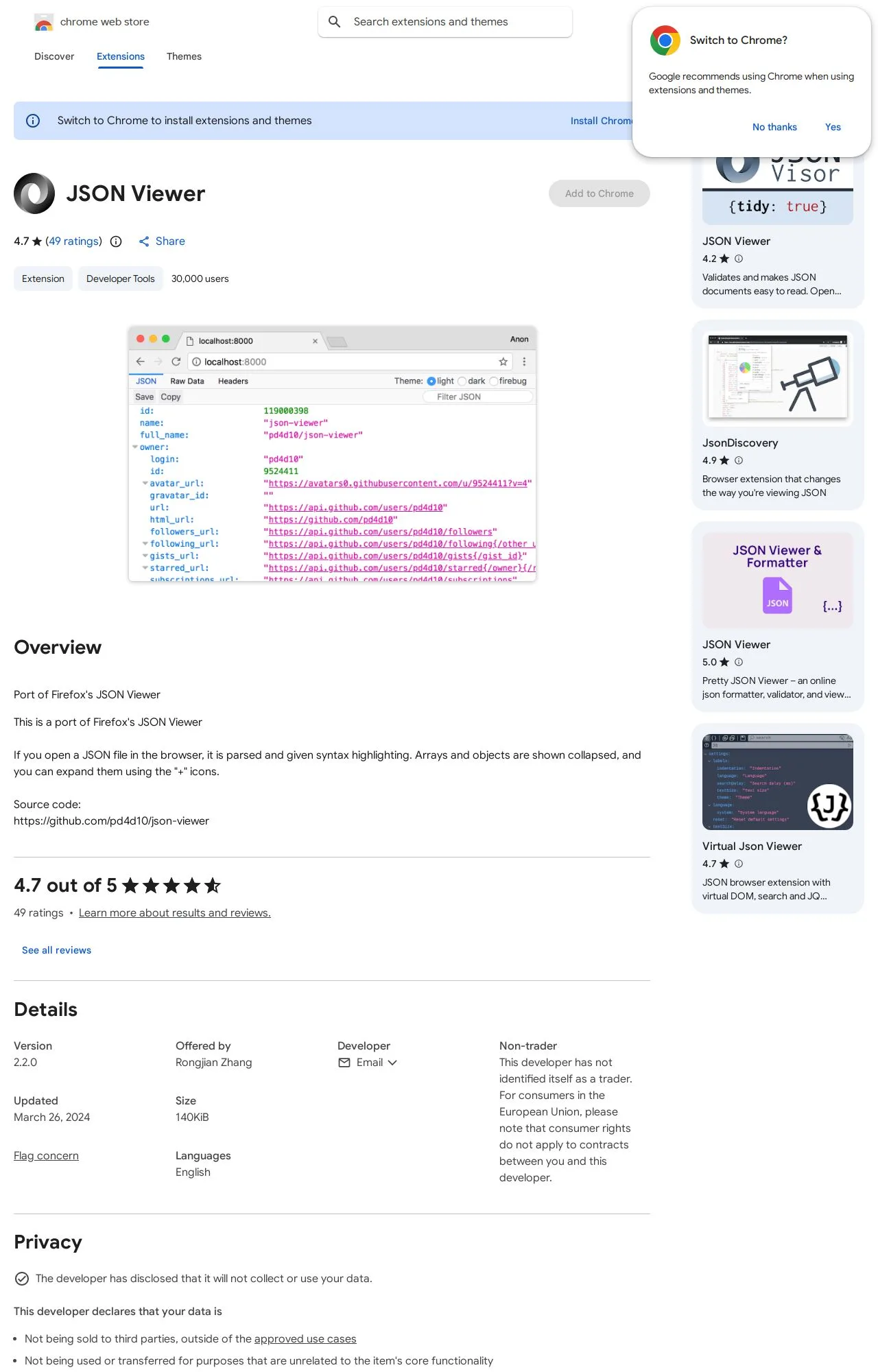 JSON Viewer listing on the Chrome Web Store