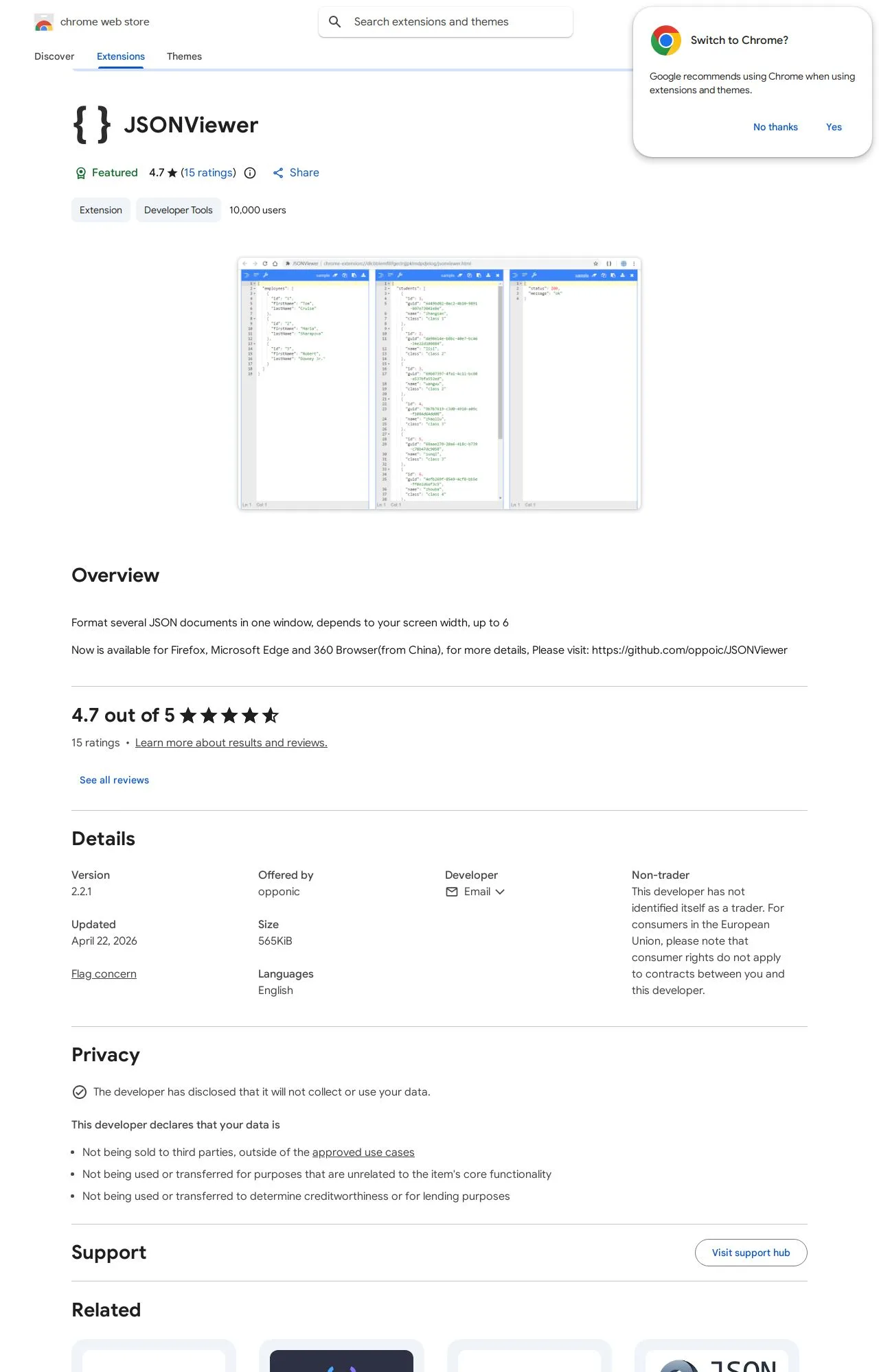 JSONViewer listing on the Chrome Web Store