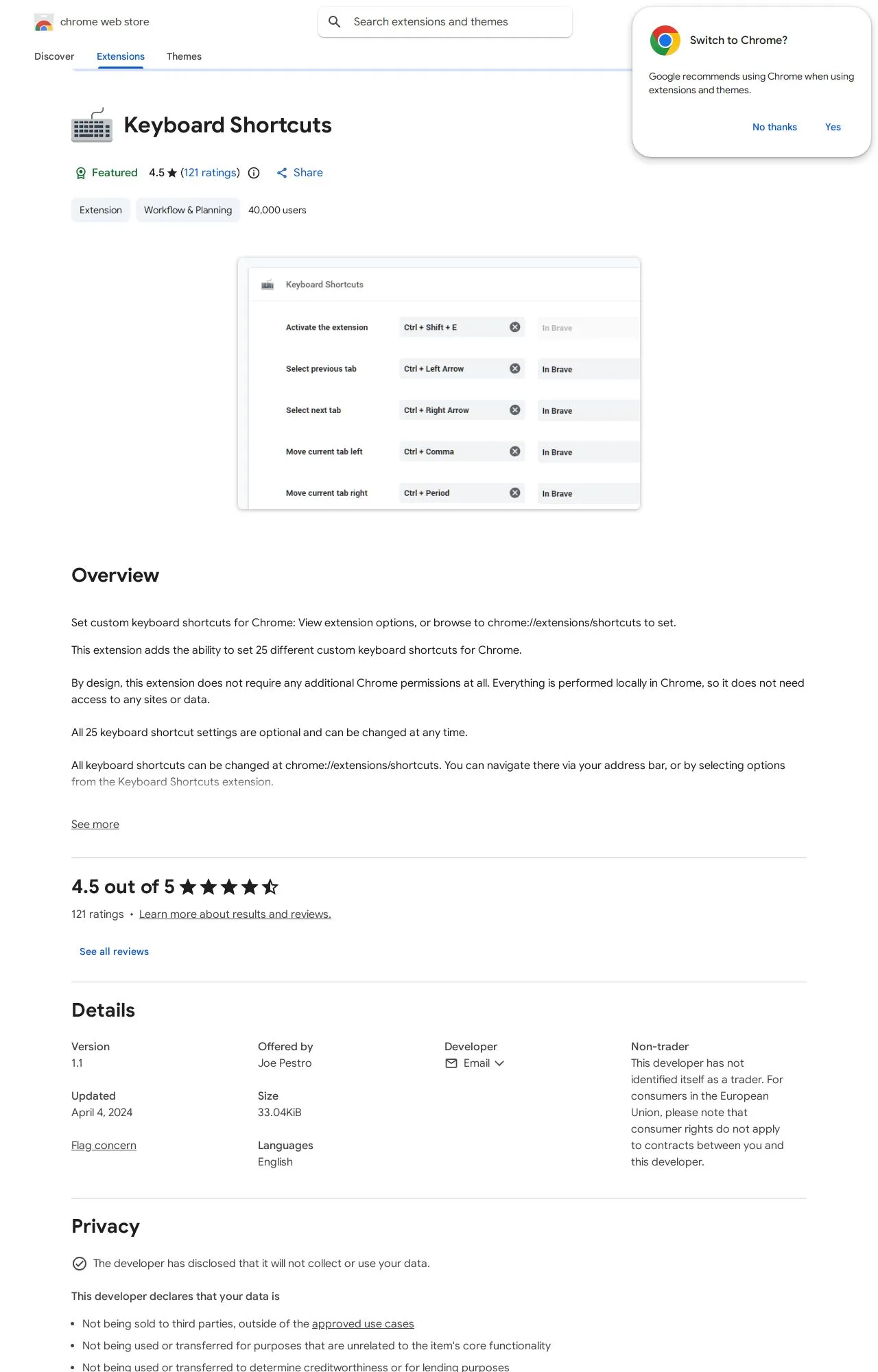 Keyboard Shortcuts listing on the Chrome Web Store