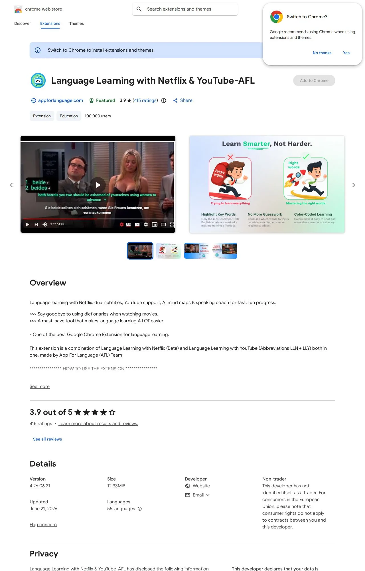 Language Learning with Netflix & YouTube-AFL listing on the Chrome Web Store