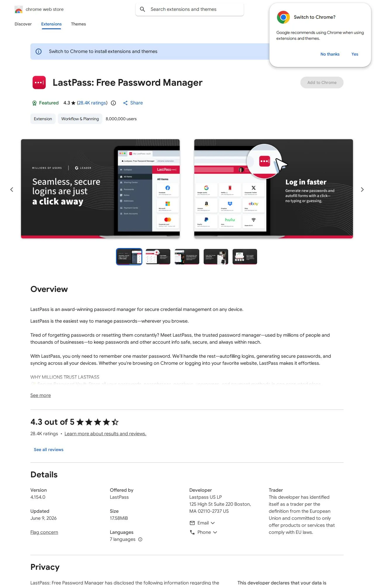 LastPass: Free Password Manager listing on the Chrome Web Store