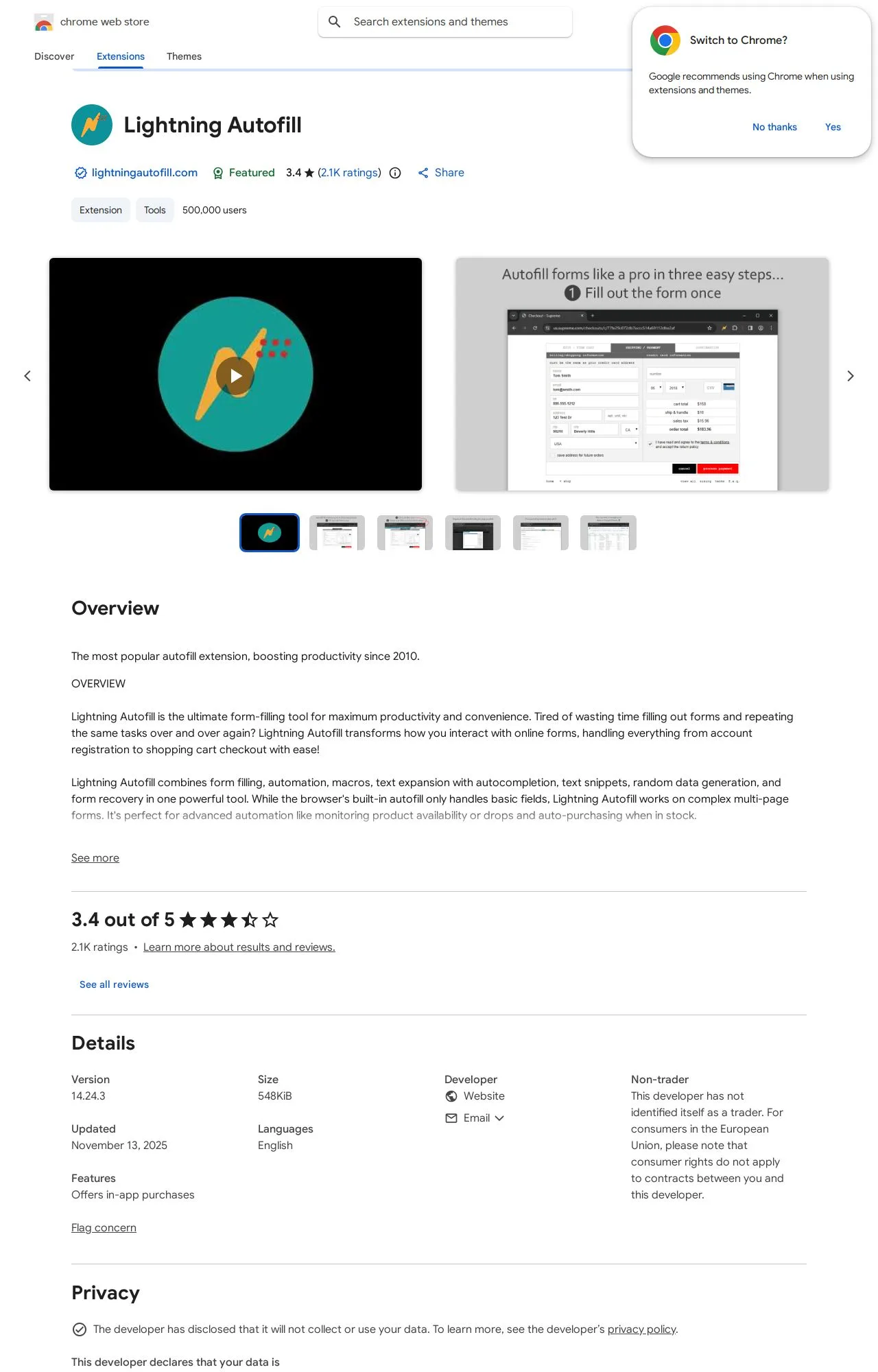 Lightning Autofill listing on the Chrome Web Store