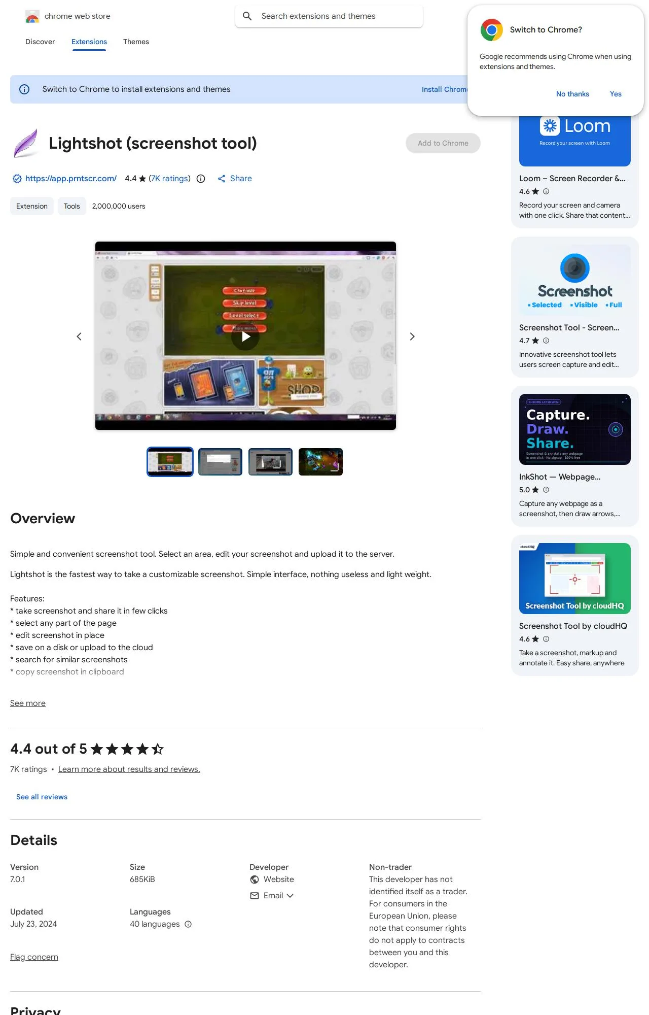 Lightshot (screenshot tool) listing on the Chrome Web Store