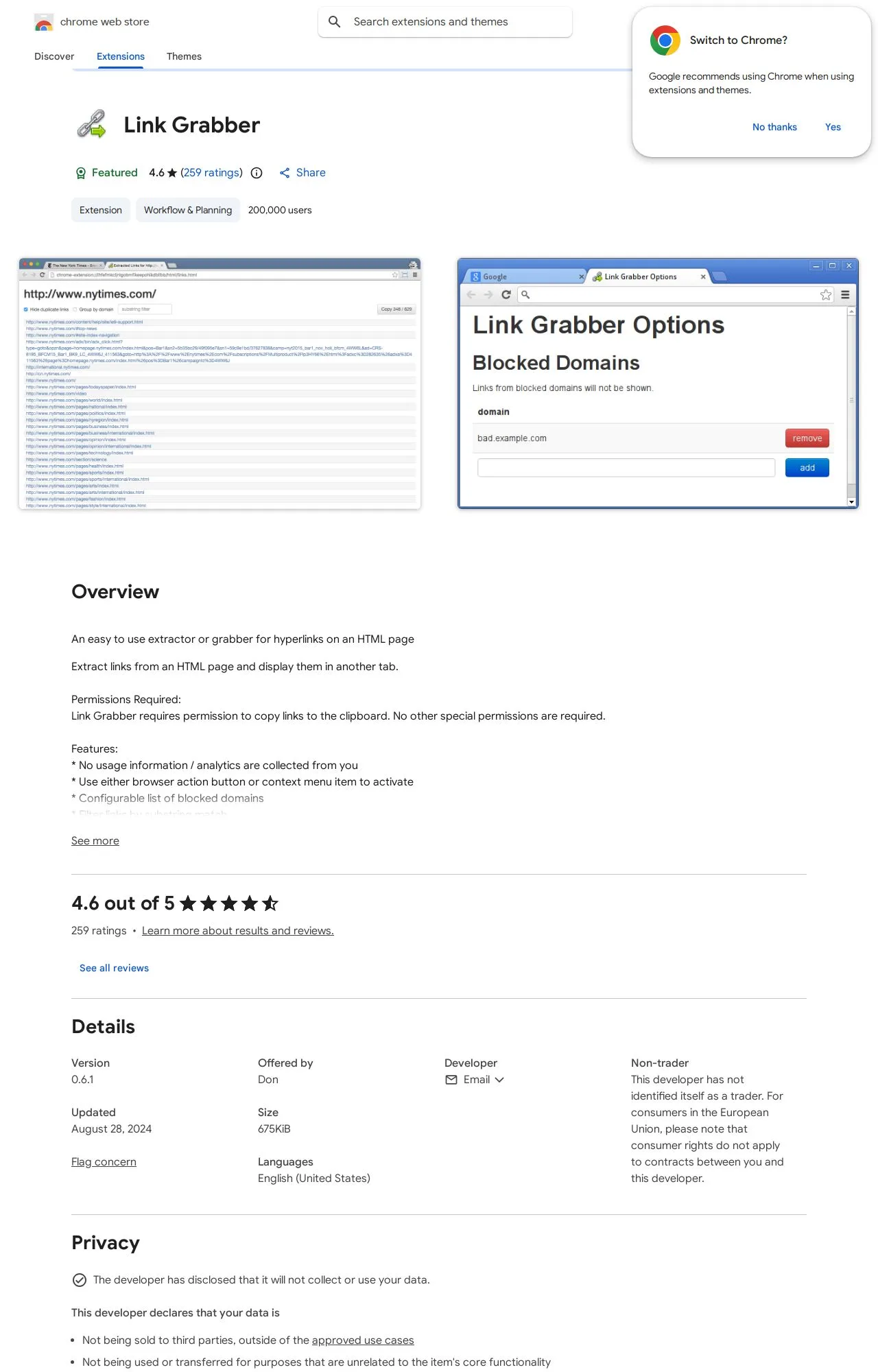 Link Grabber listing on the Chrome Web Store