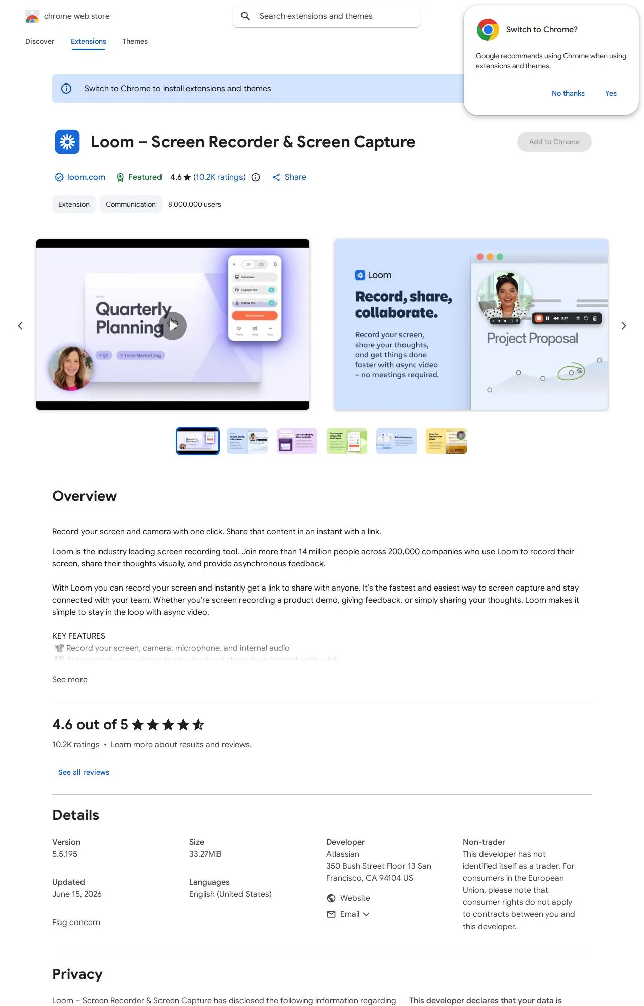 Loom – Screen Recorder & Screen Capture listing on the Chrome Web Store