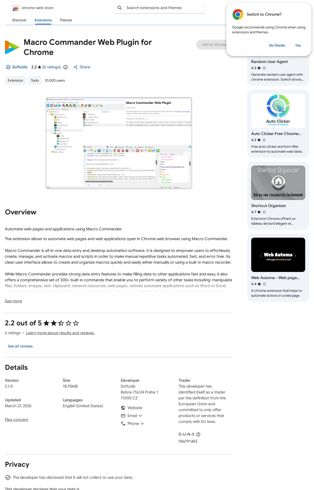 Macro Commander Web Plugin for Chrome listing on the Chrome Web Store