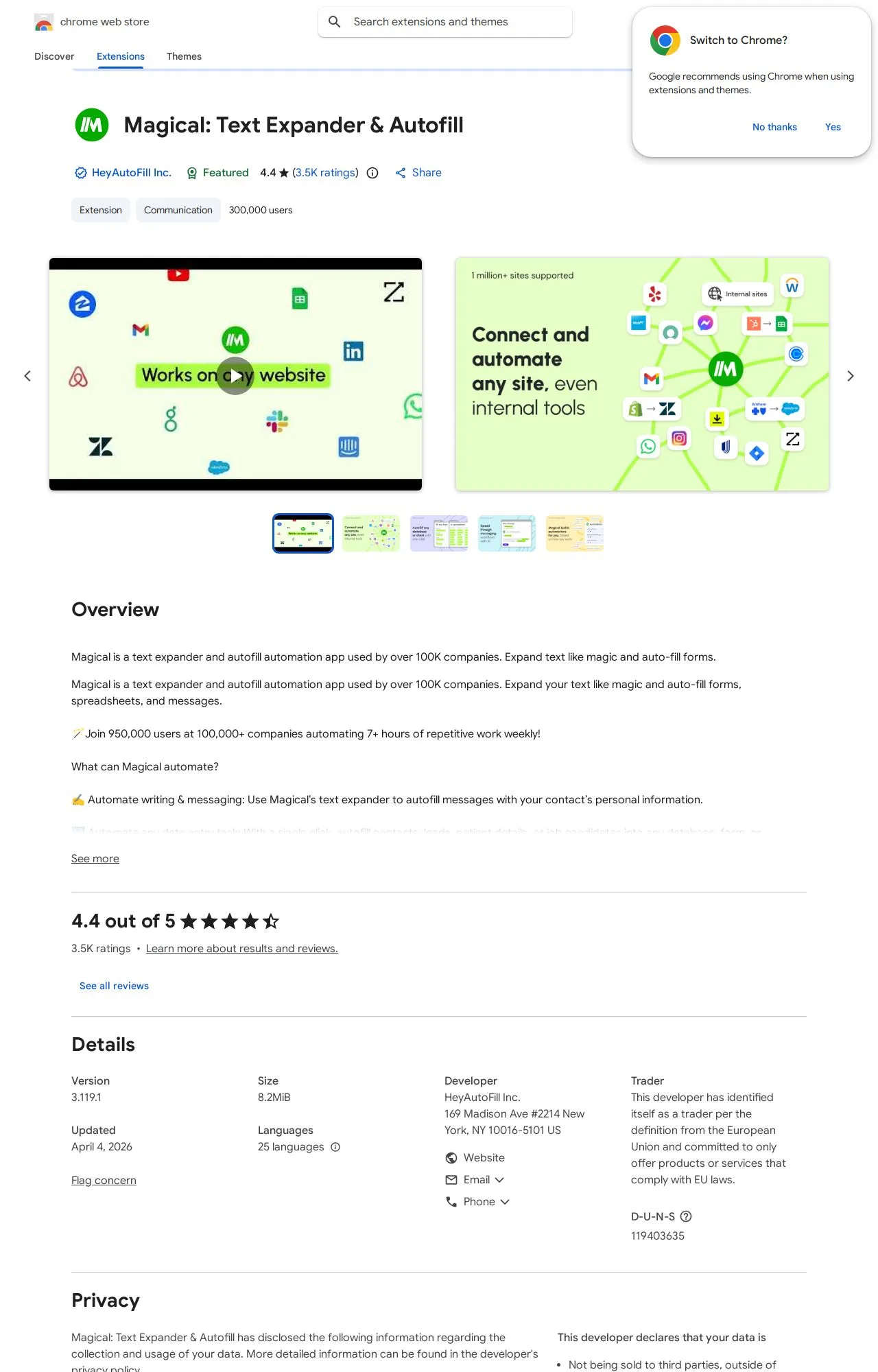 Magical: Text Expander & Autofill listing on the Chrome Web Store