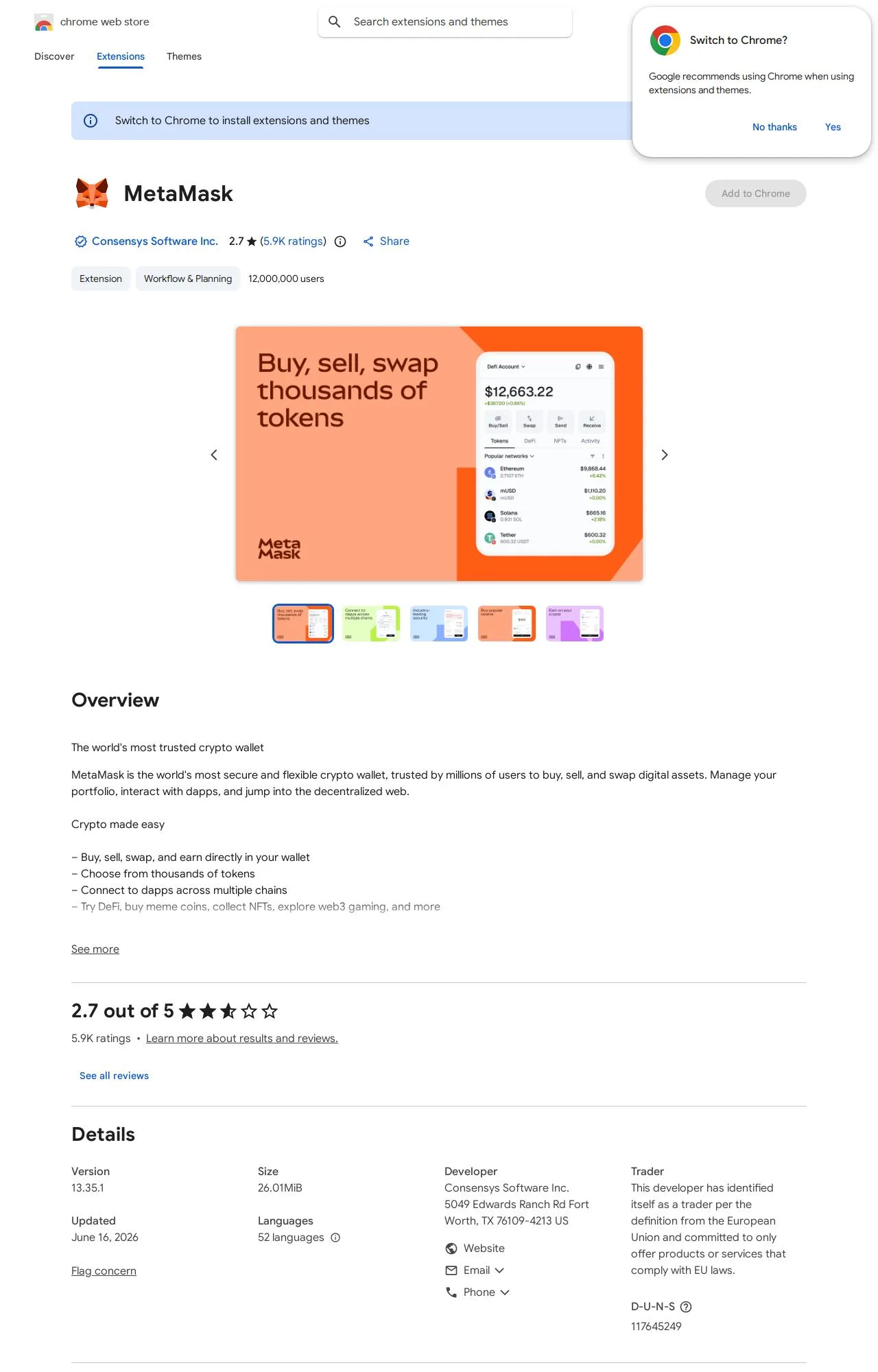 MetaMask listing on the Chrome Web Store