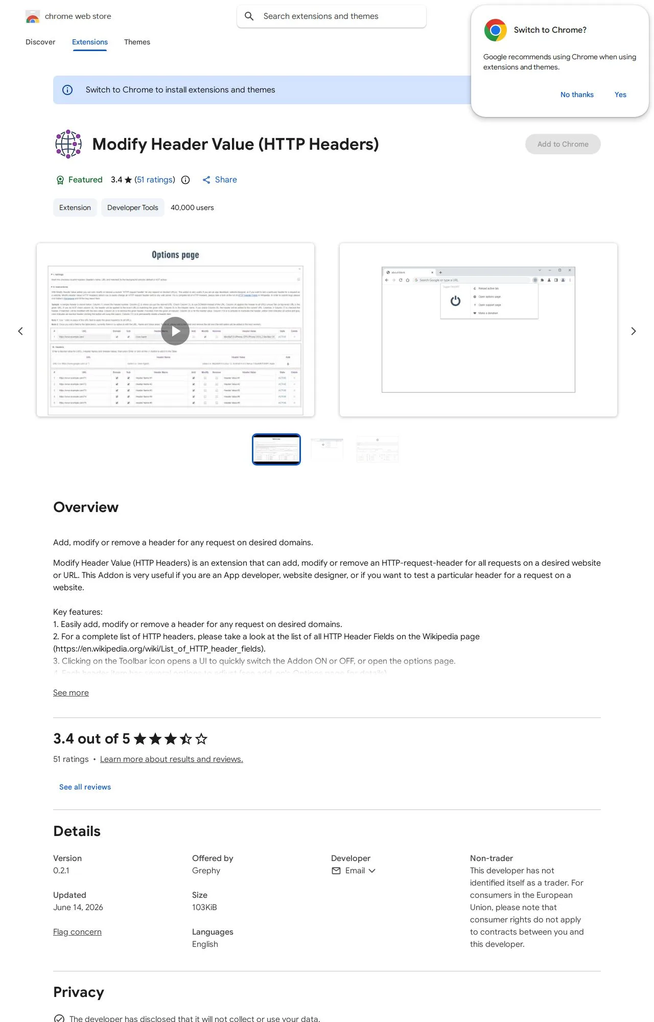 Modify Header Value (HTTP Headers) listing on the Chrome Web Store