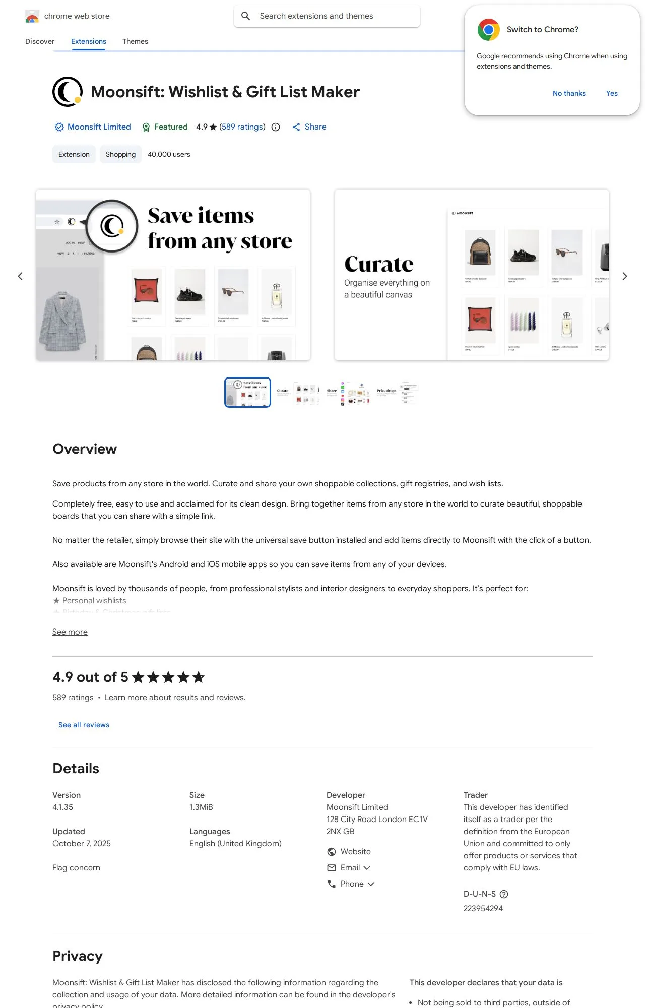 Moonsift: Wishlist & Gift List Maker listing on the Chrome Web Store