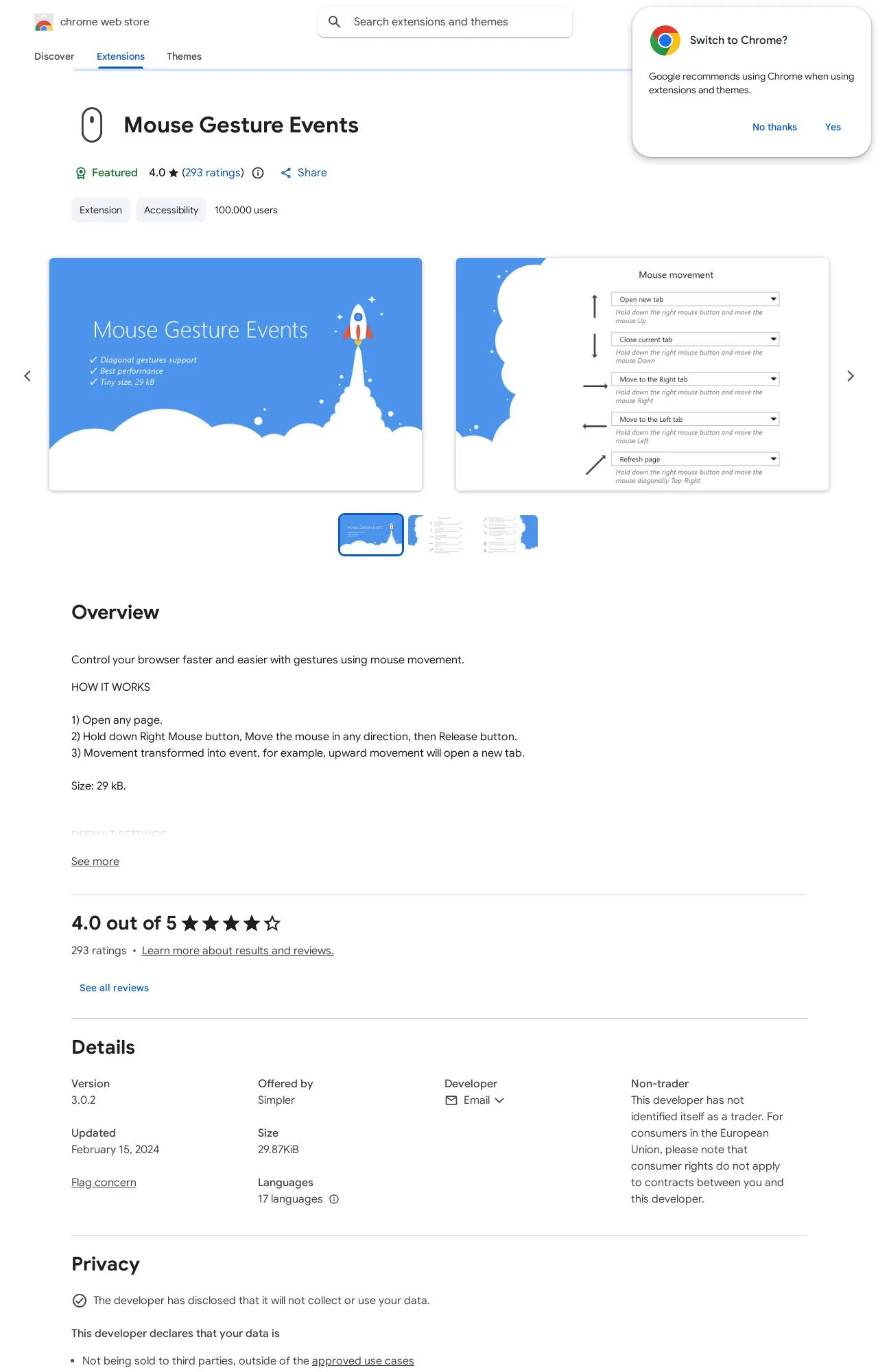 Mouse Gesture Events listing on the Chrome Web Store