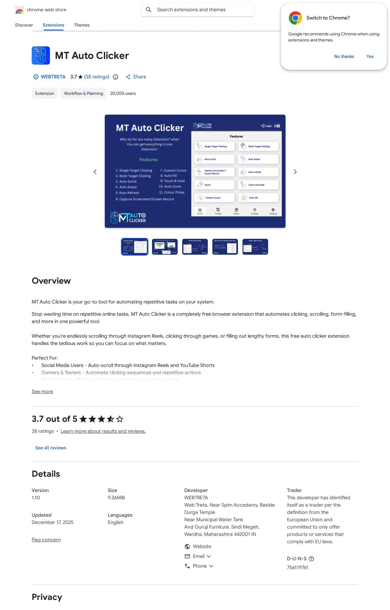 MT Auto Clicker listing on the Chrome Web Store